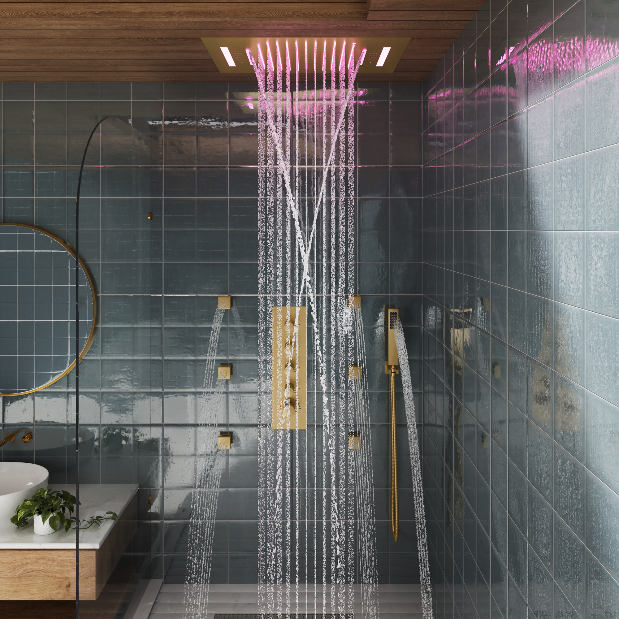 Deluxe 4-Function Thermostatic Shower System with LED Lighting & Bluetooth Music 