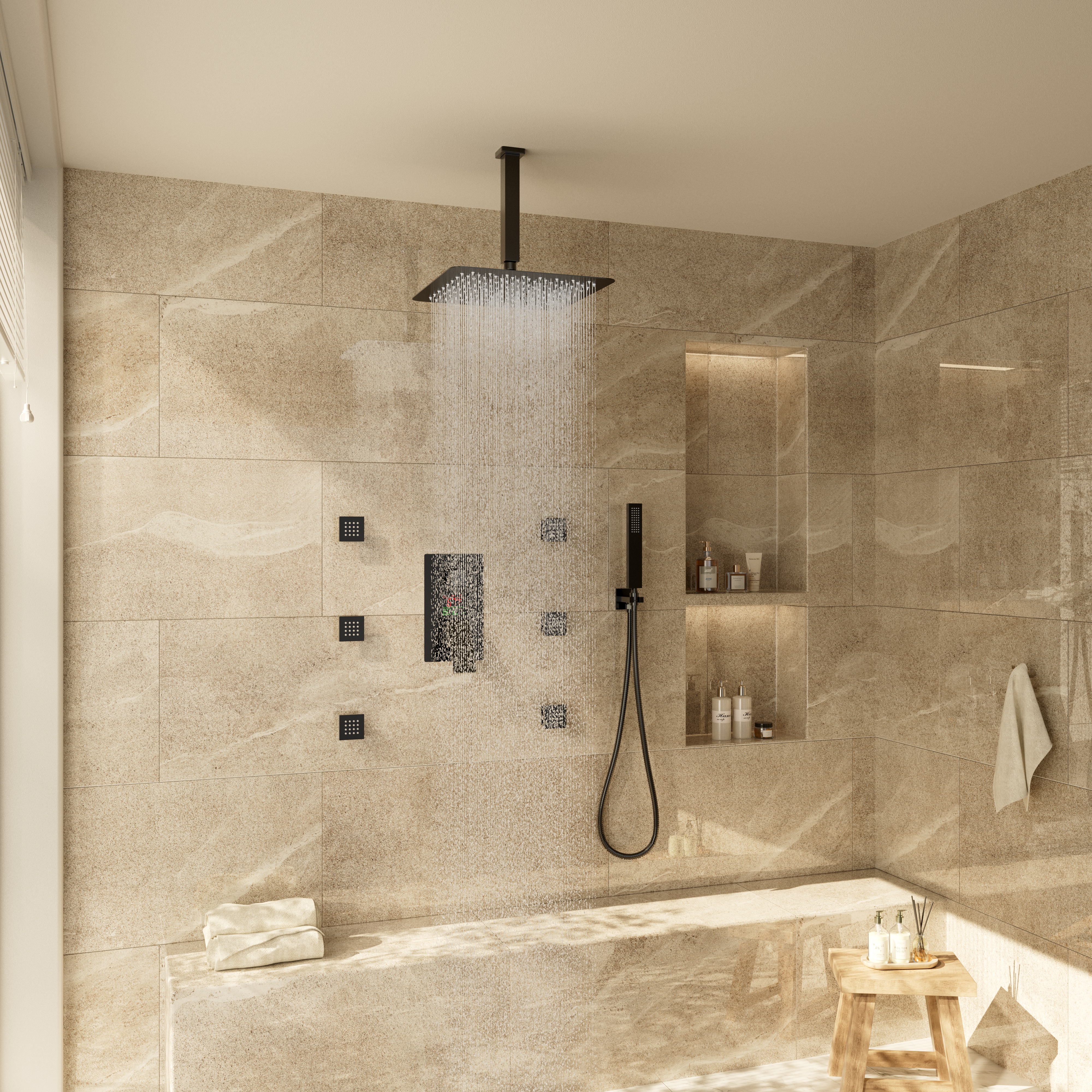 12" Ceiling-Mounted Shower System with Digital Display & 6 Body Jets