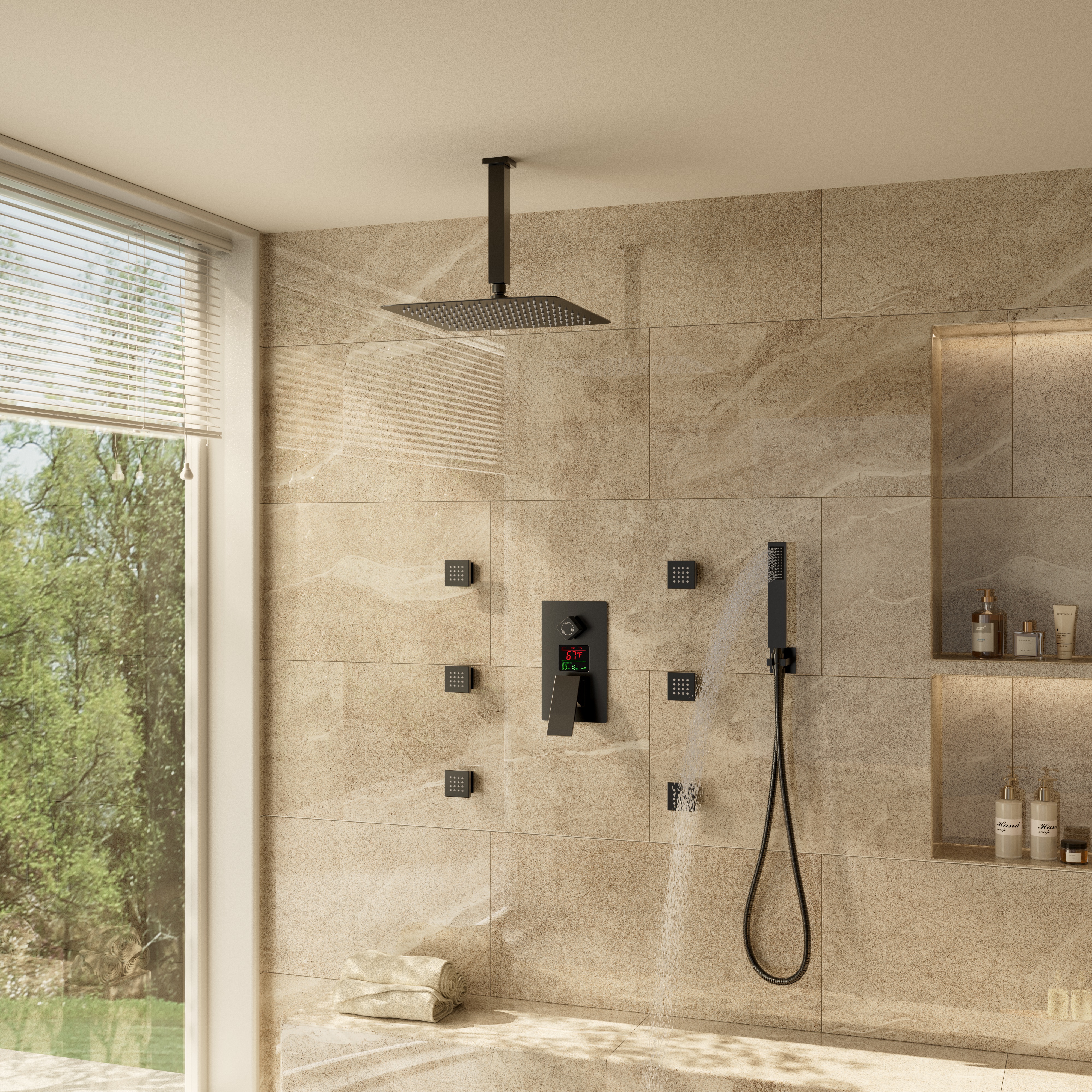 12" Ceiling-Mounted Shower System with Digital Display & 6 Body Jets