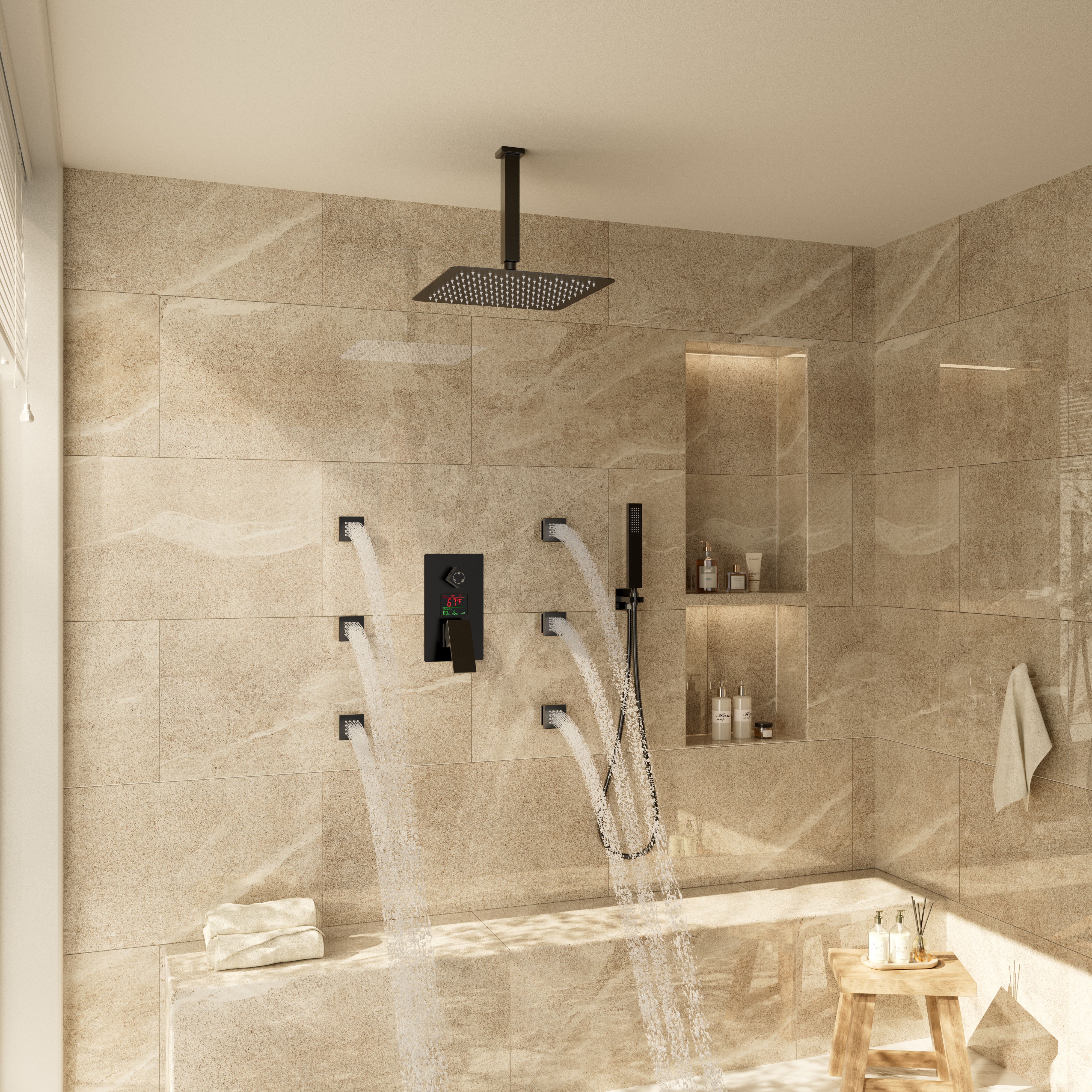 12" Ceiling-Mounted Shower System with Digital Display & 6 Body Jets