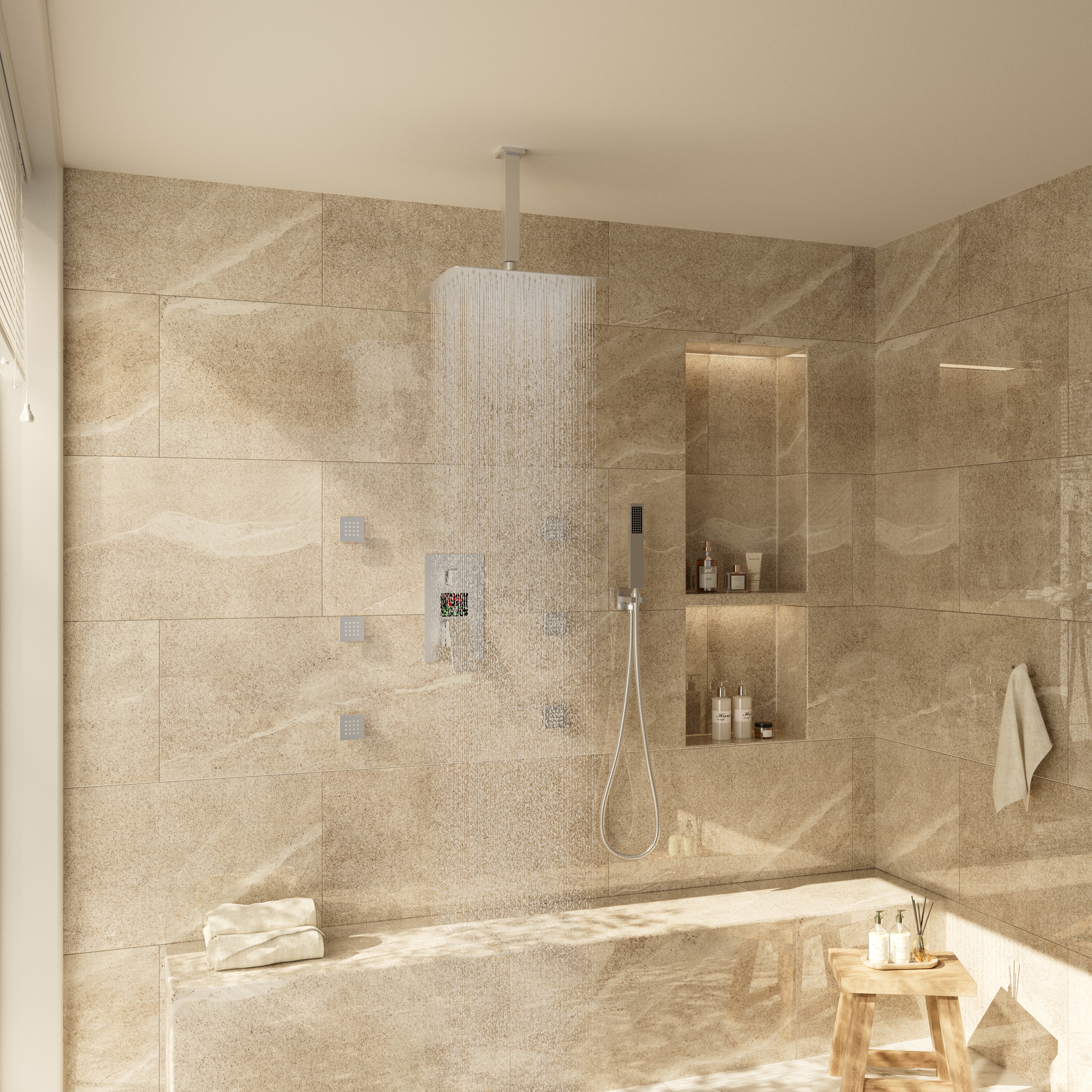 12" Ceiling-Mounted Shower System with Digital Display & 6 Body Jets