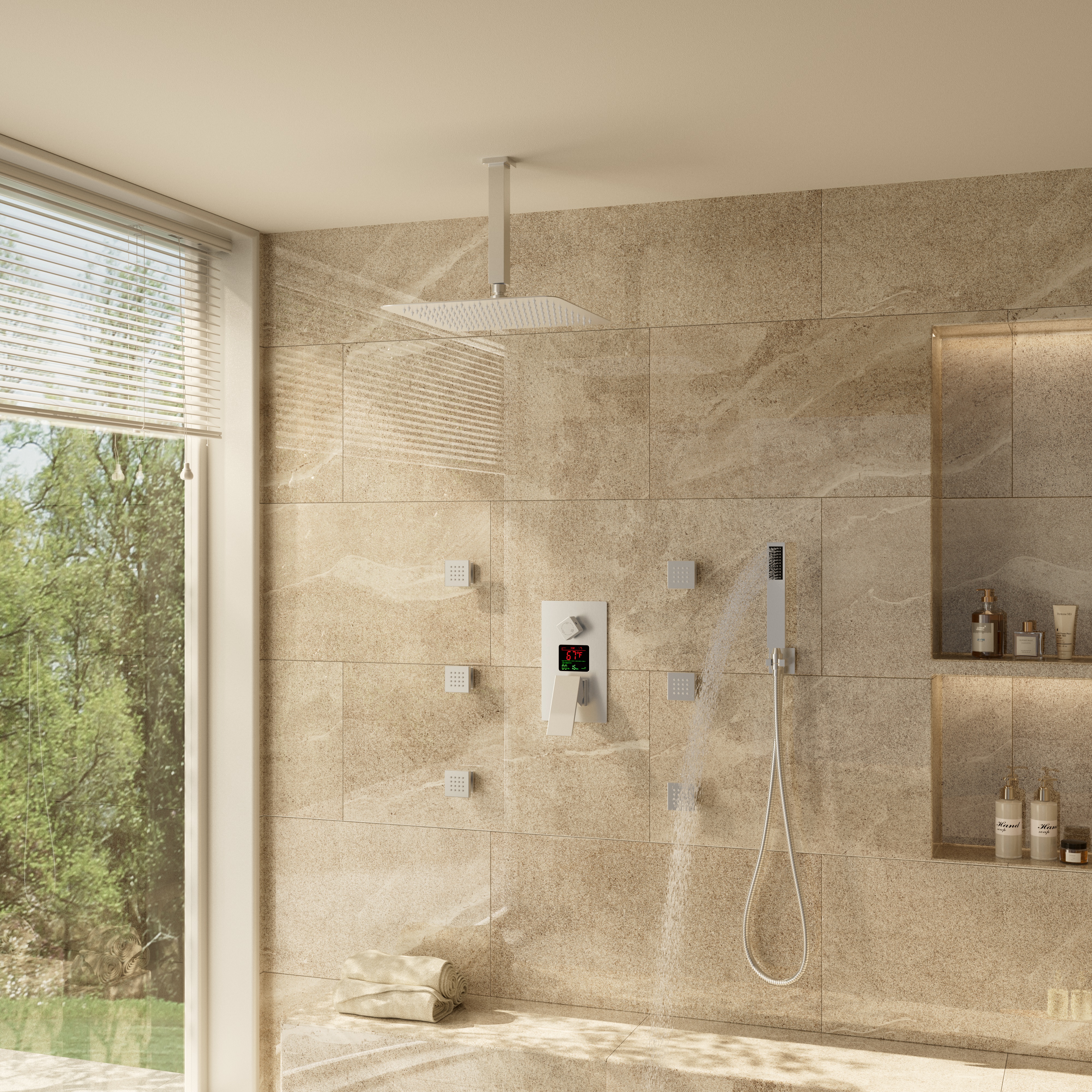 12" Ceiling-Mounted Shower System with Digital Display & 6 Body Jets