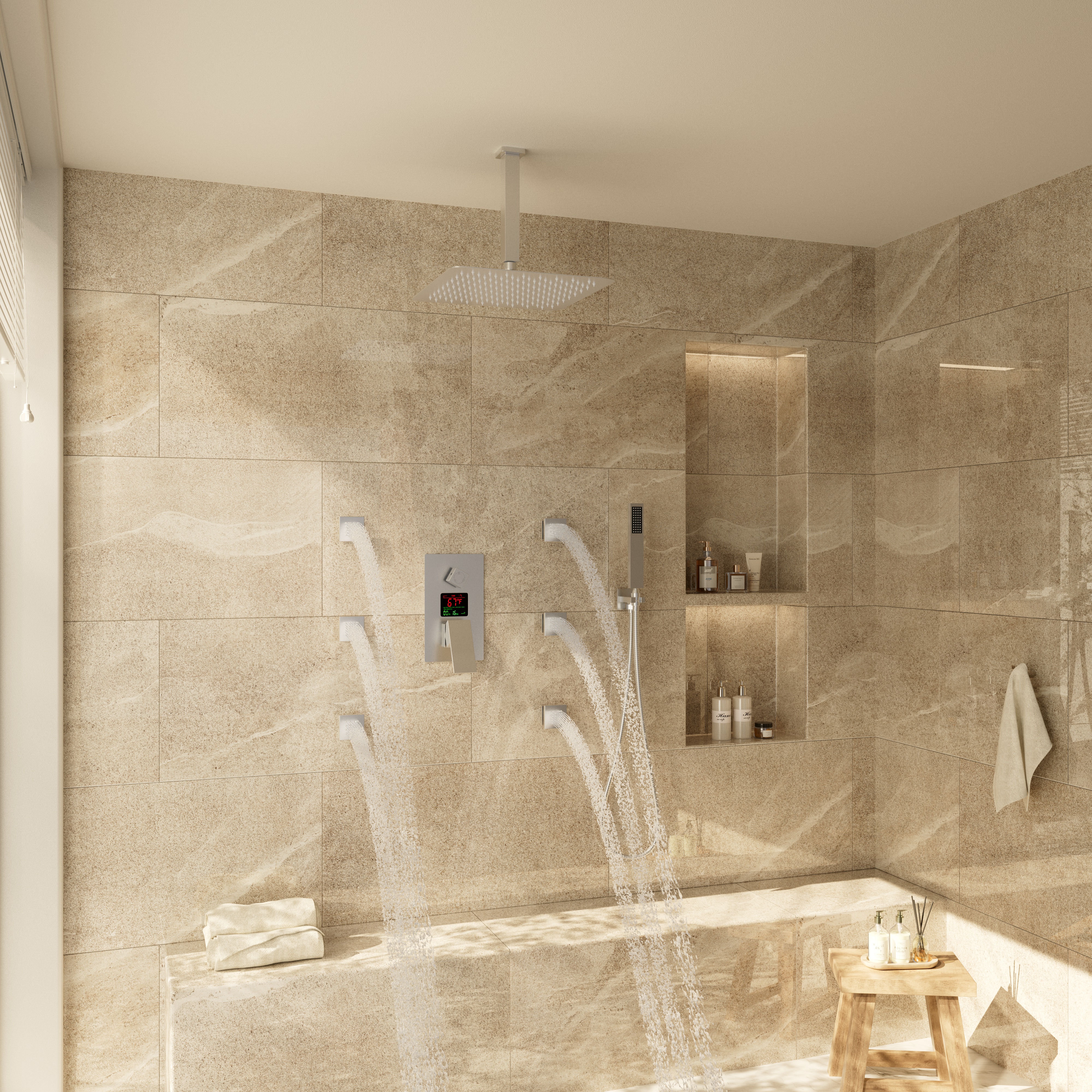 12" Ceiling-Mounted Shower System with Digital Display & 6 Body Jets