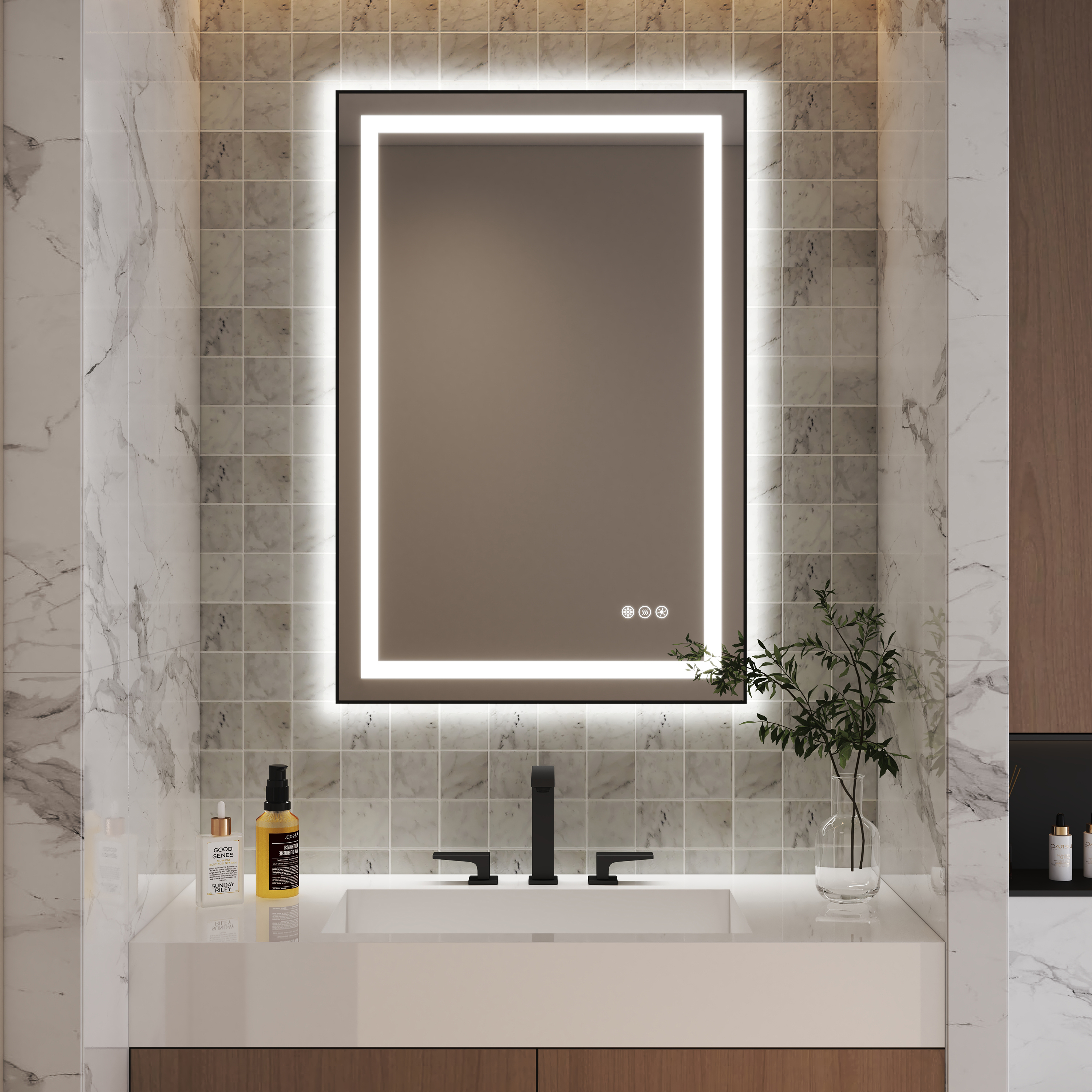 LED Bathroom Mirror with Black Aluminum Frame, Backlit & Front Lighting