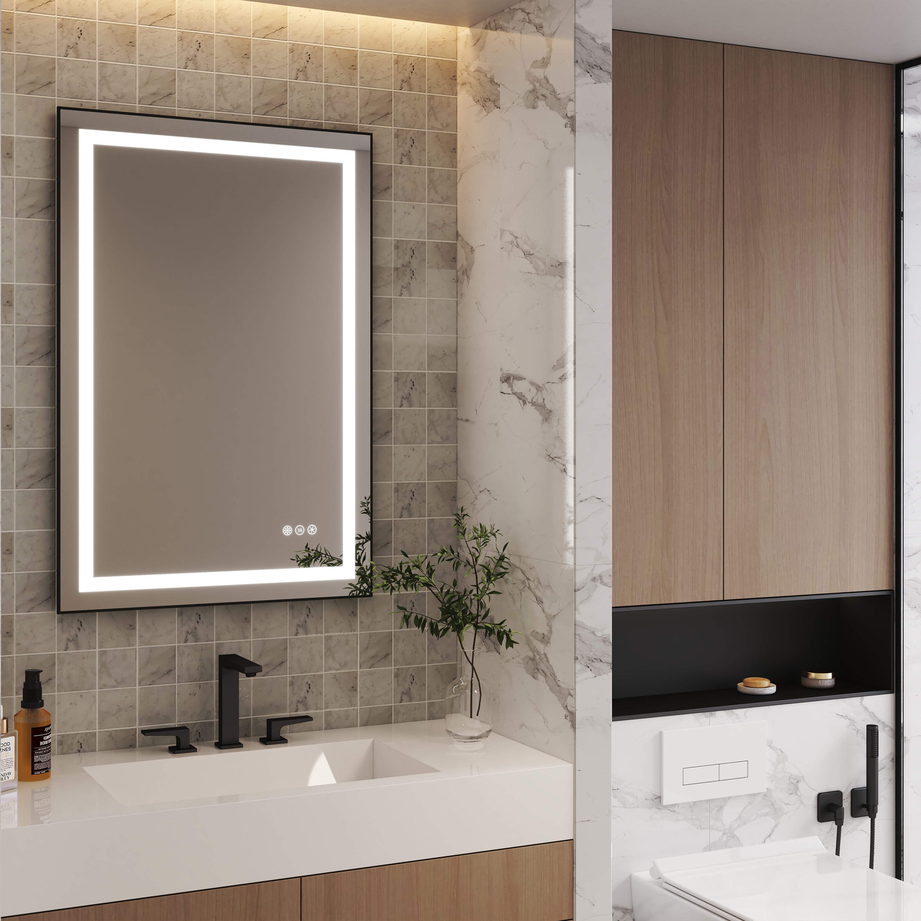 LED Bathroom Mirror with Black Aluminum Frame, Backlit & Front Lighting