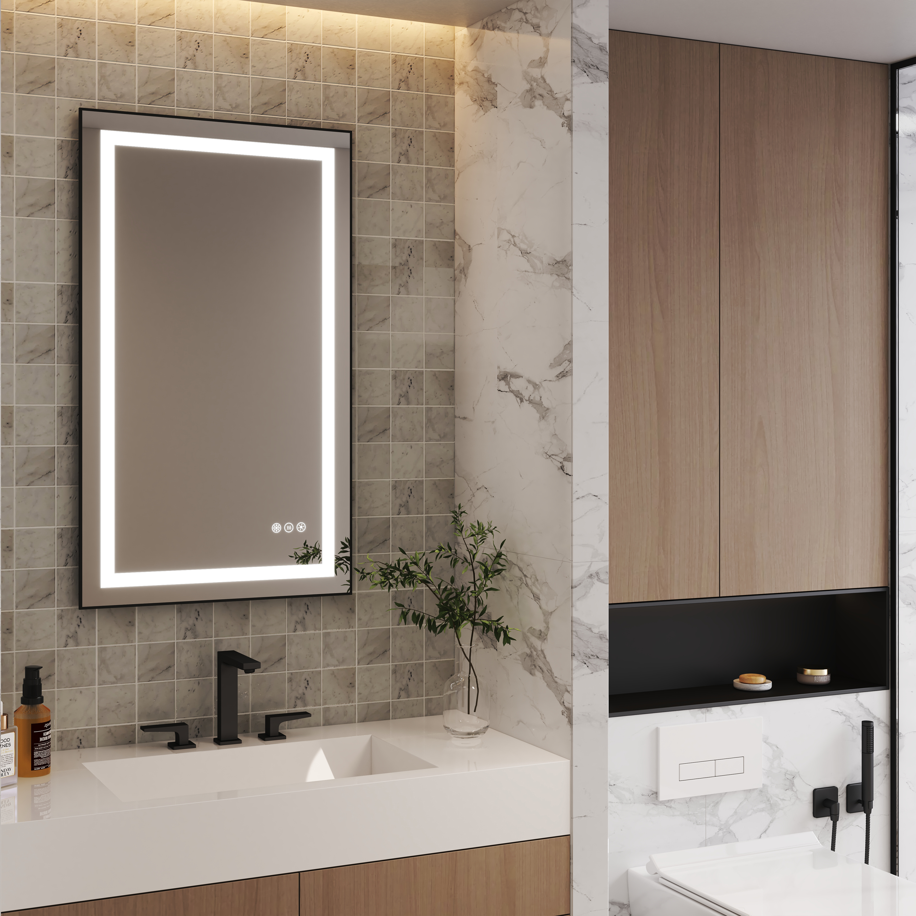 LED Bathroom Mirror with Black Aluminum Frame, Backlit & Front Lighting