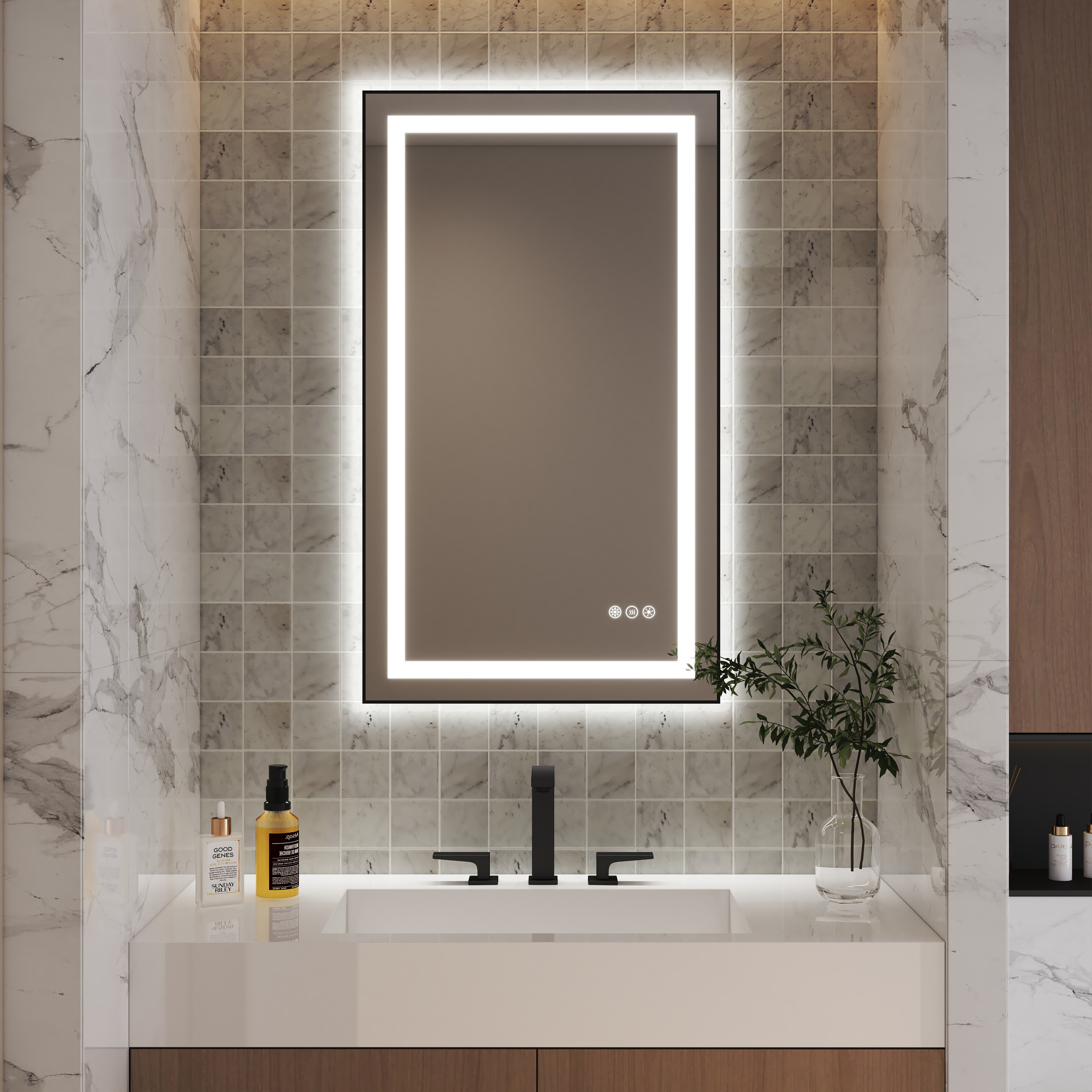 LED Bathroom Mirror with Black Aluminum Frame, Backlit & Front Lighting
