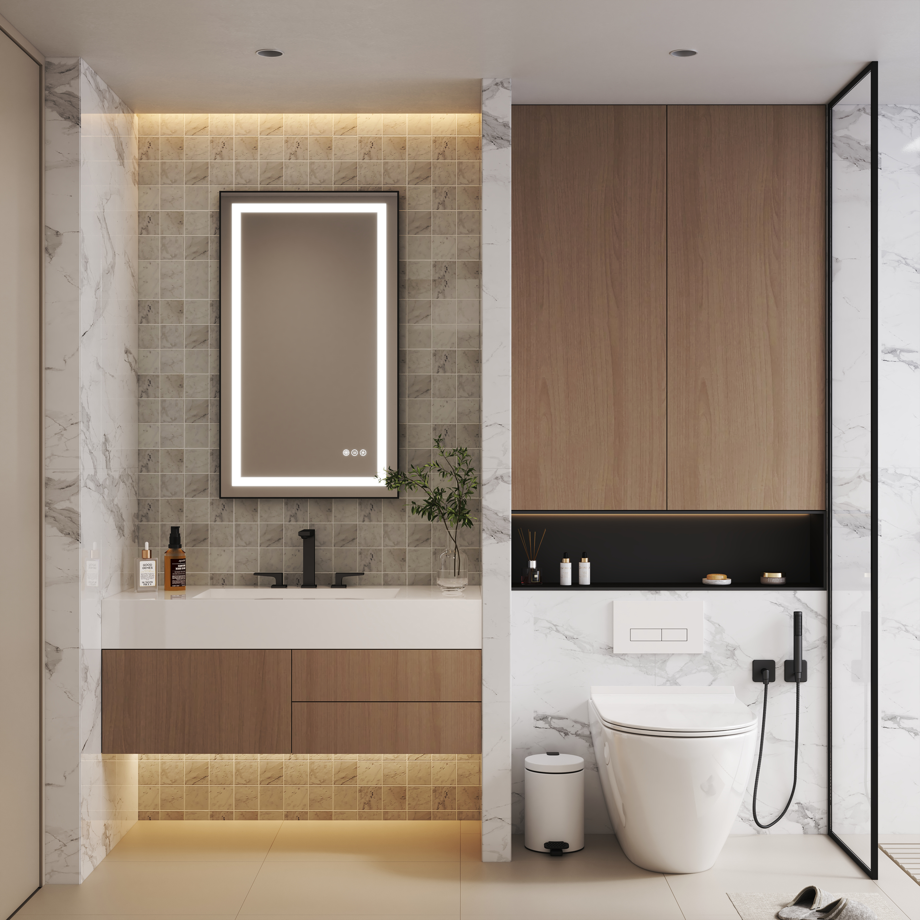 LED Bathroom Mirror with Black Aluminum Frame, Backlit & Front Lighting