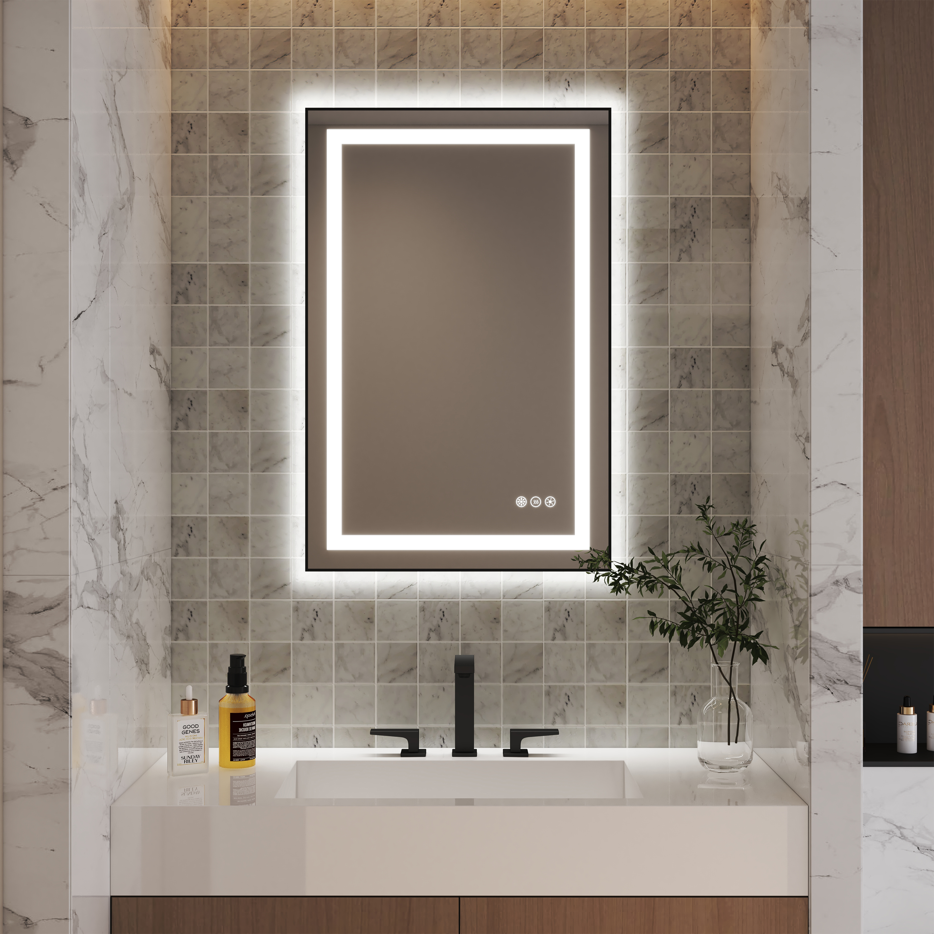 LED Bathroom Mirror with Black Aluminum Frame, Backlit & Front Lighting
