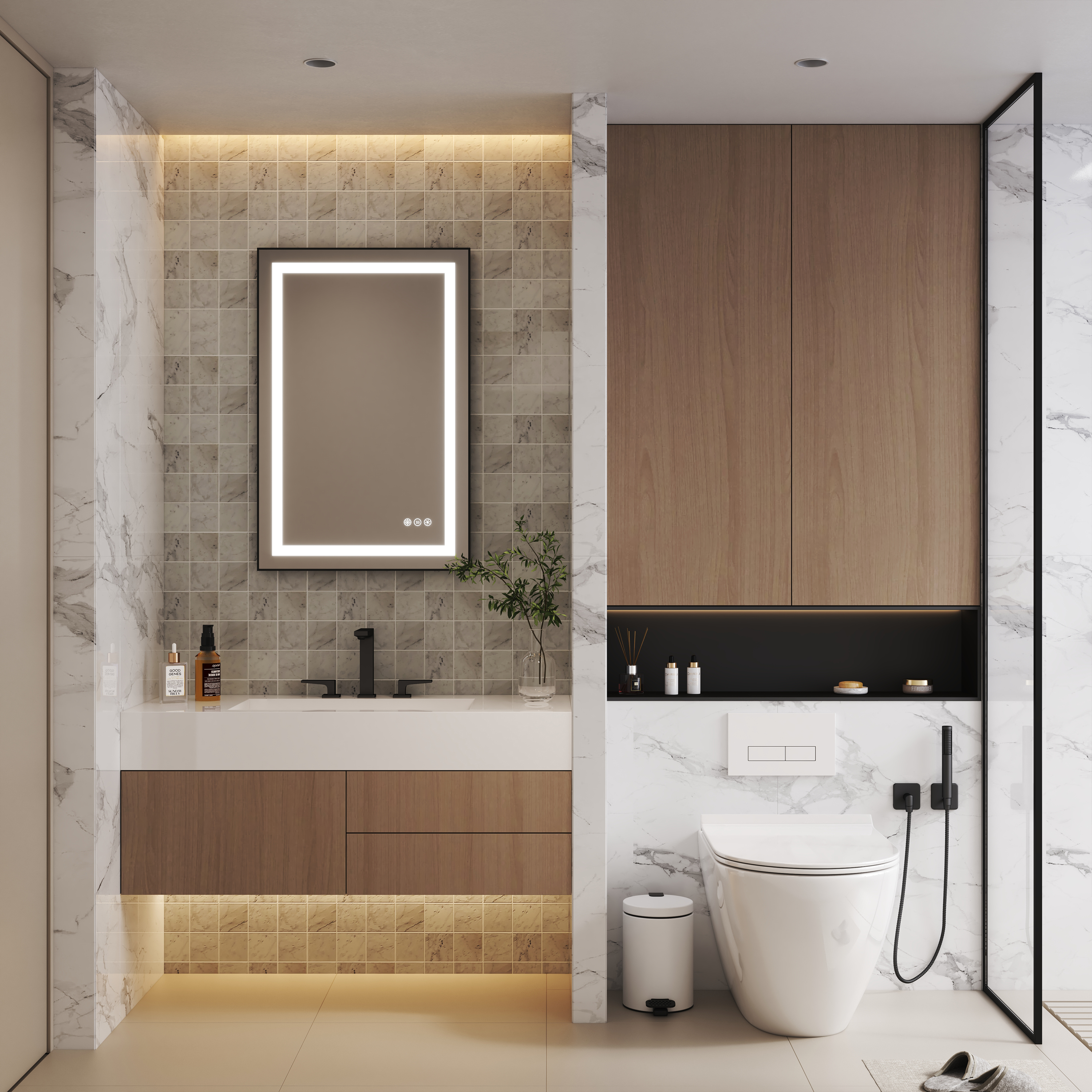 LED Bathroom Mirror with Black Aluminum Frame, Backlit & Front Lighting