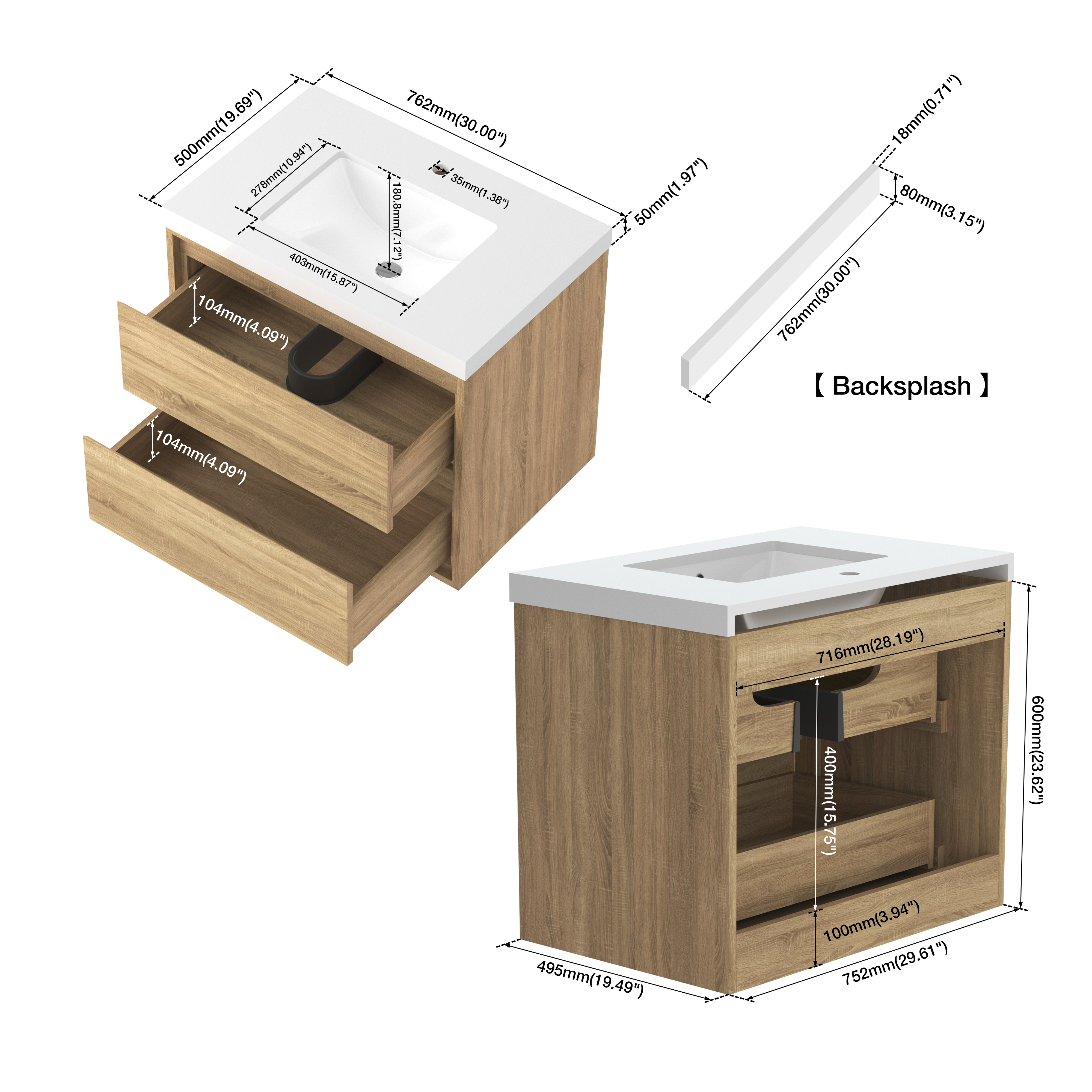 30" Wall-mount Single Sink Bathroom Vanity with Marble Top