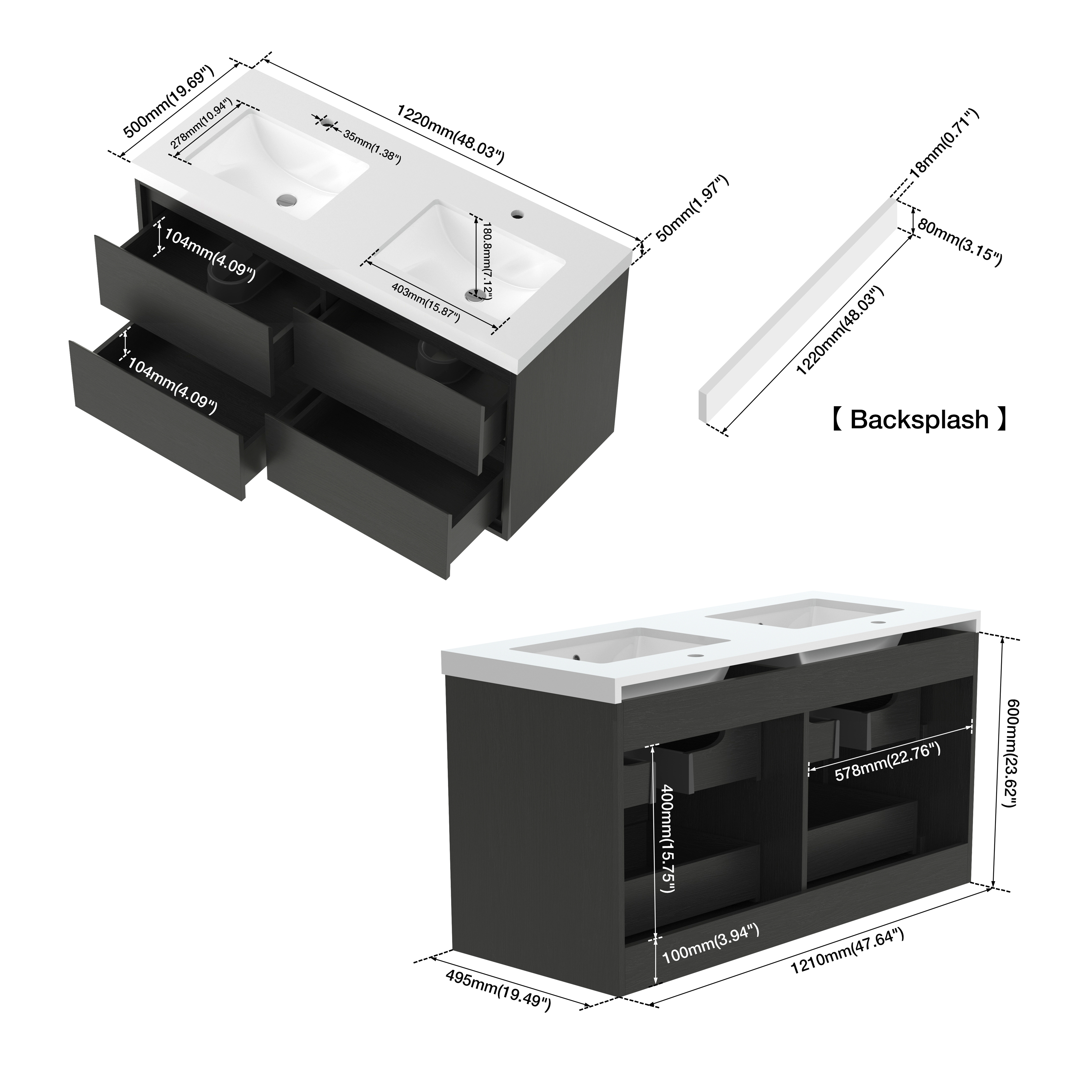 48" Matte Black Wall-mount Bathroom Vanity with Double Sink & Marble Top