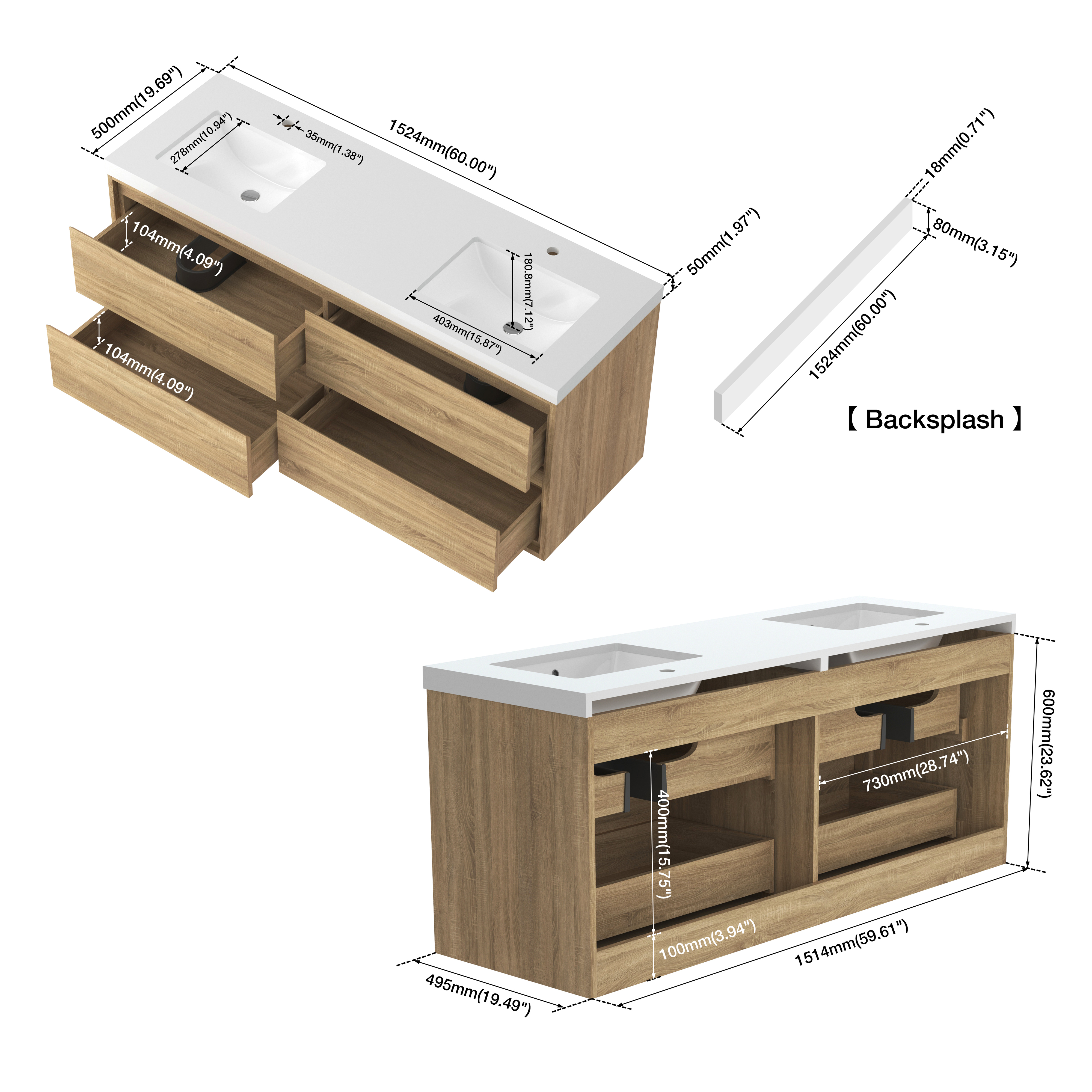 60" Wall-mount Double Sink Bathroom Vanity with Marble Top
