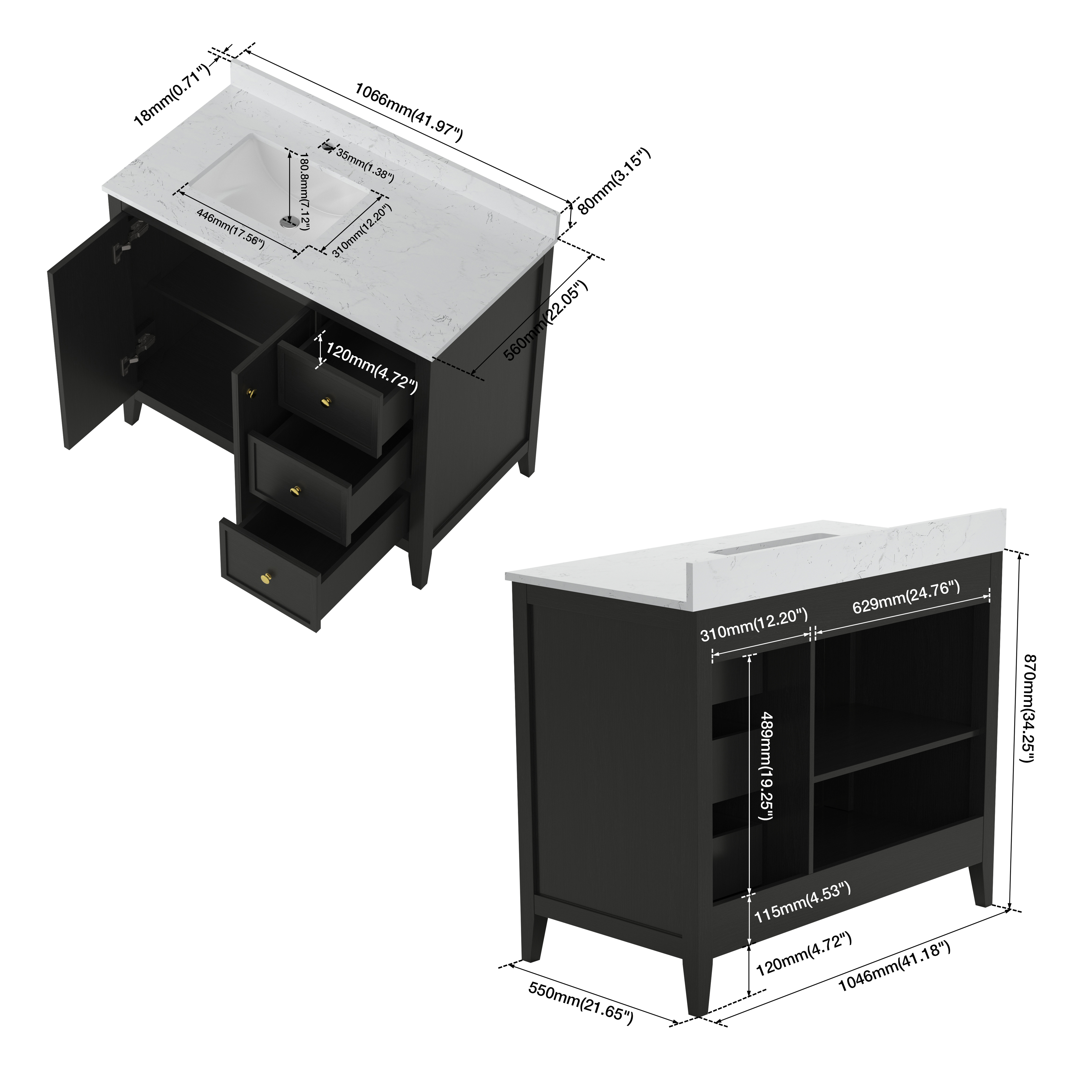 42" Matte Black Bathroom Vanity with Single Sink & Marble Top