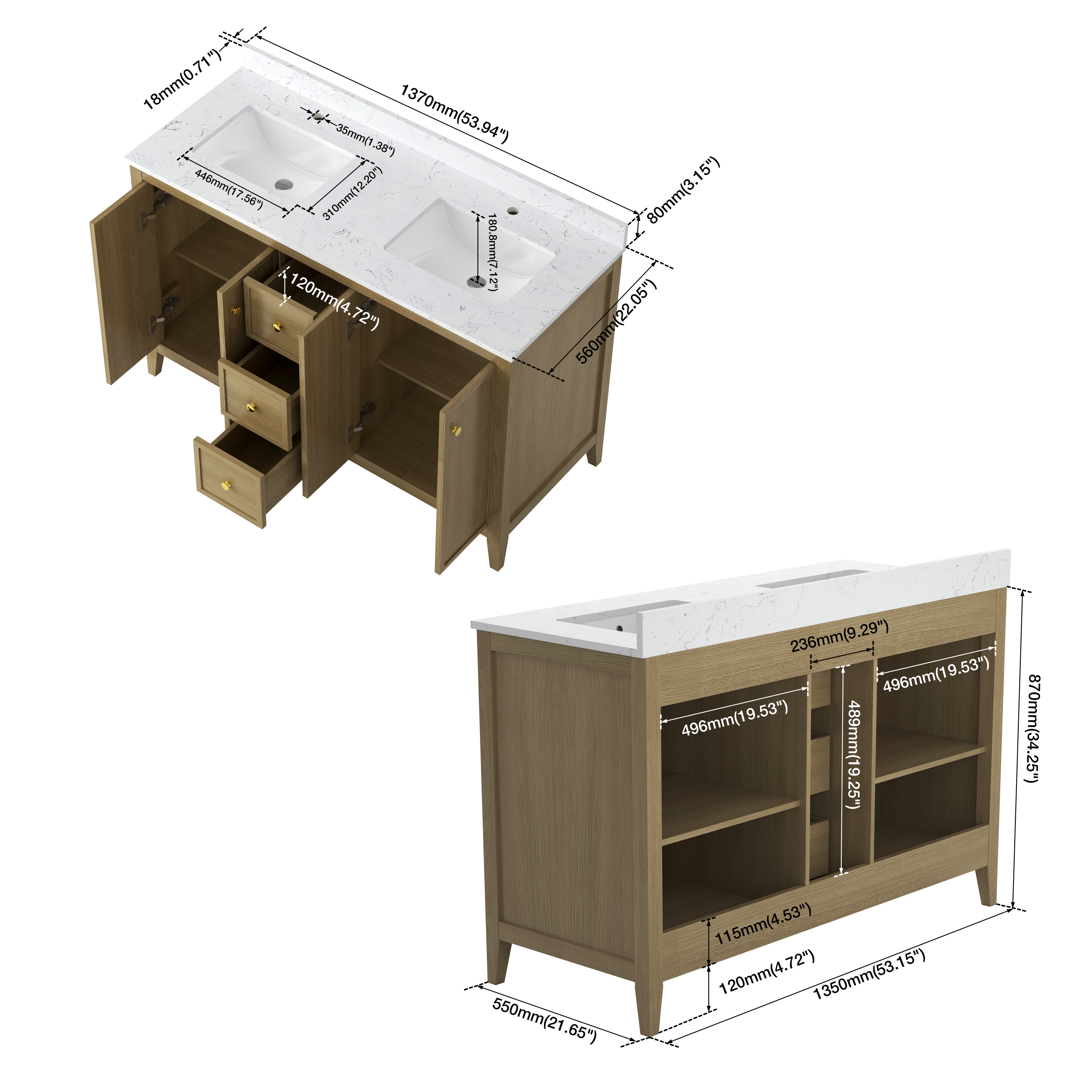 54" Light Oak Freestanding Bathroom Vanity with Double Sink & Marble Top