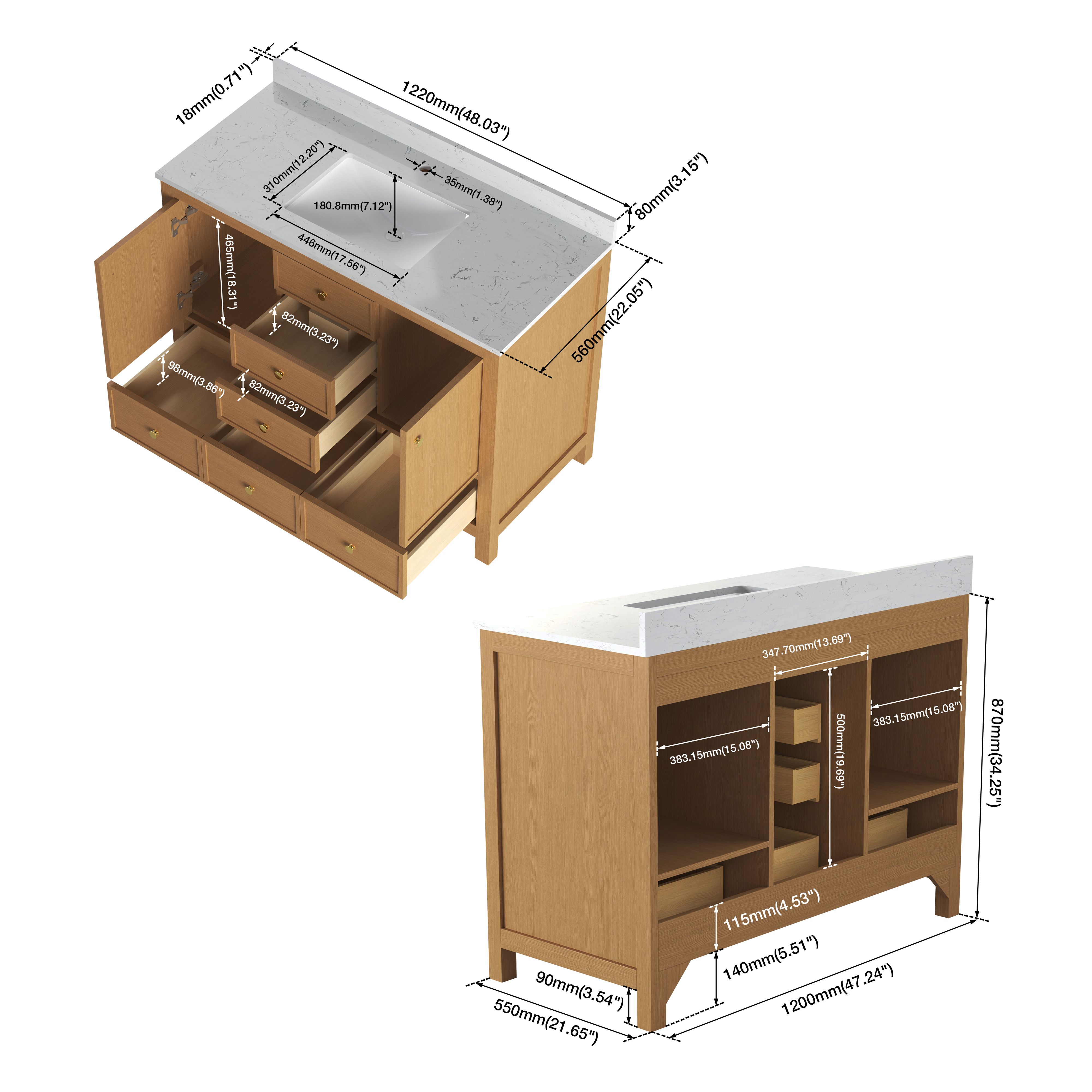 48"/60"/72" Freestanding Bathroom Vanity with Single/Double Sink & Marble Top