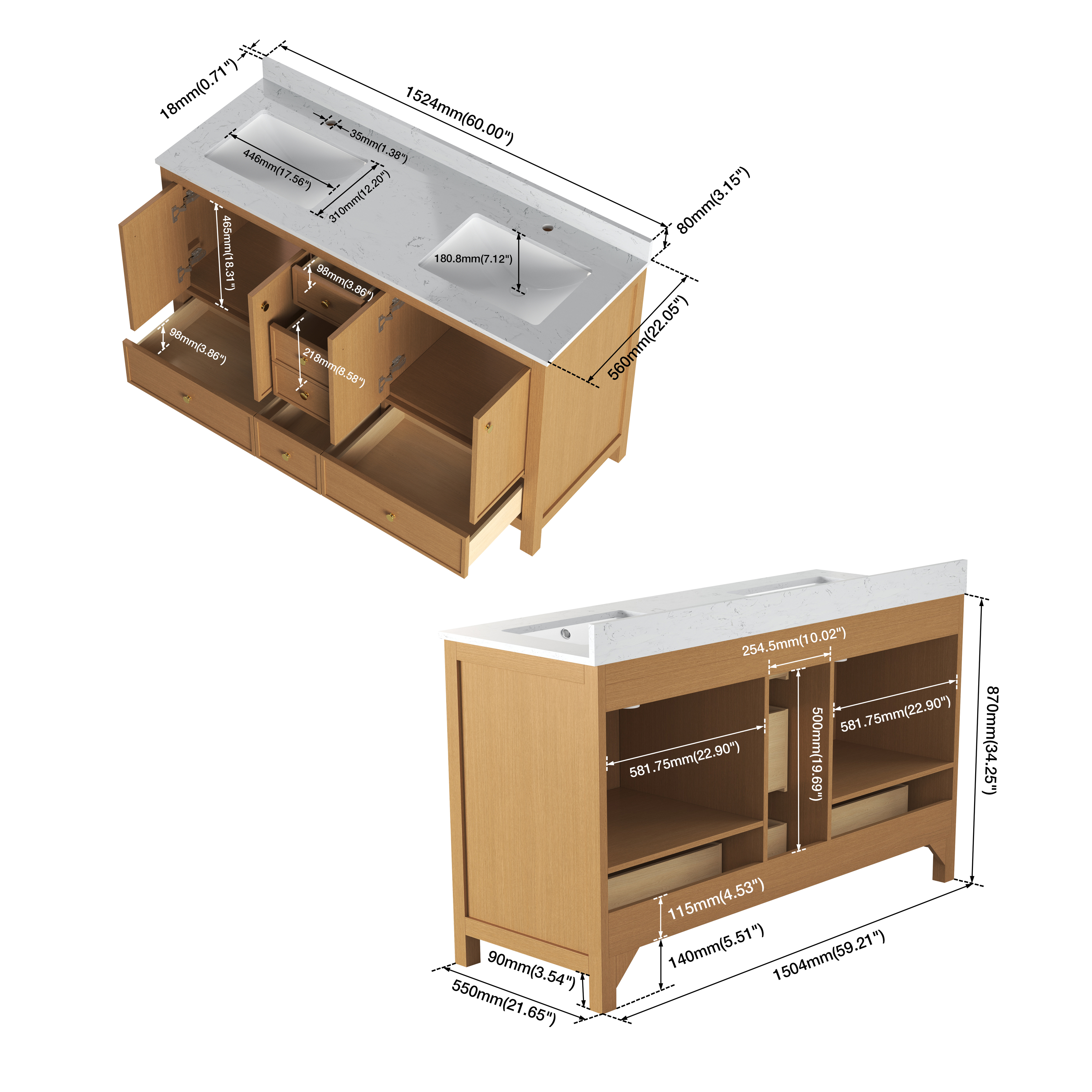 48"/60"/72" Freestanding Bathroom Vanity with Single/Double Sink & Marble Top