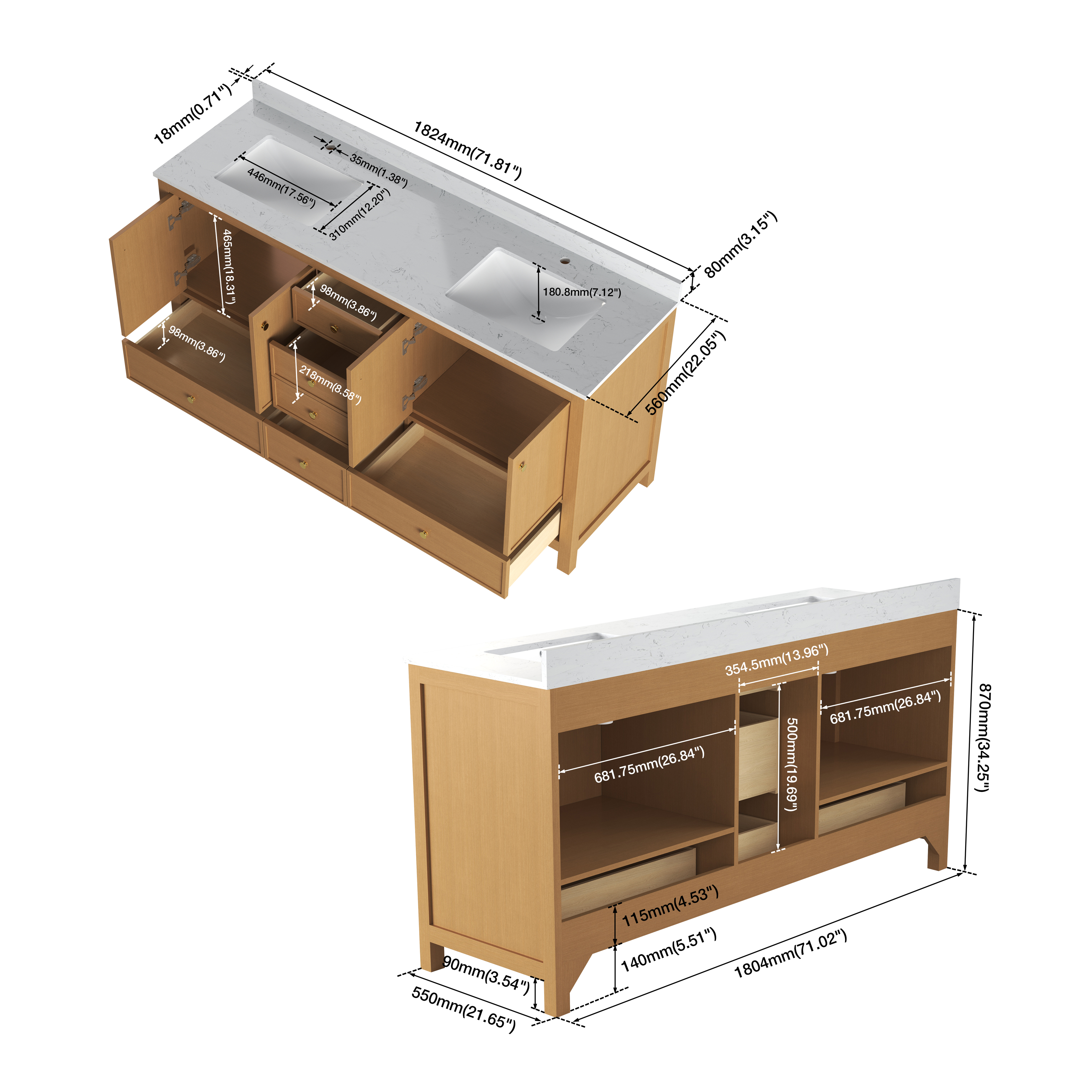 48"/60"/72" Freestanding Bathroom Vanity with Single/Double Sink & Marble Top