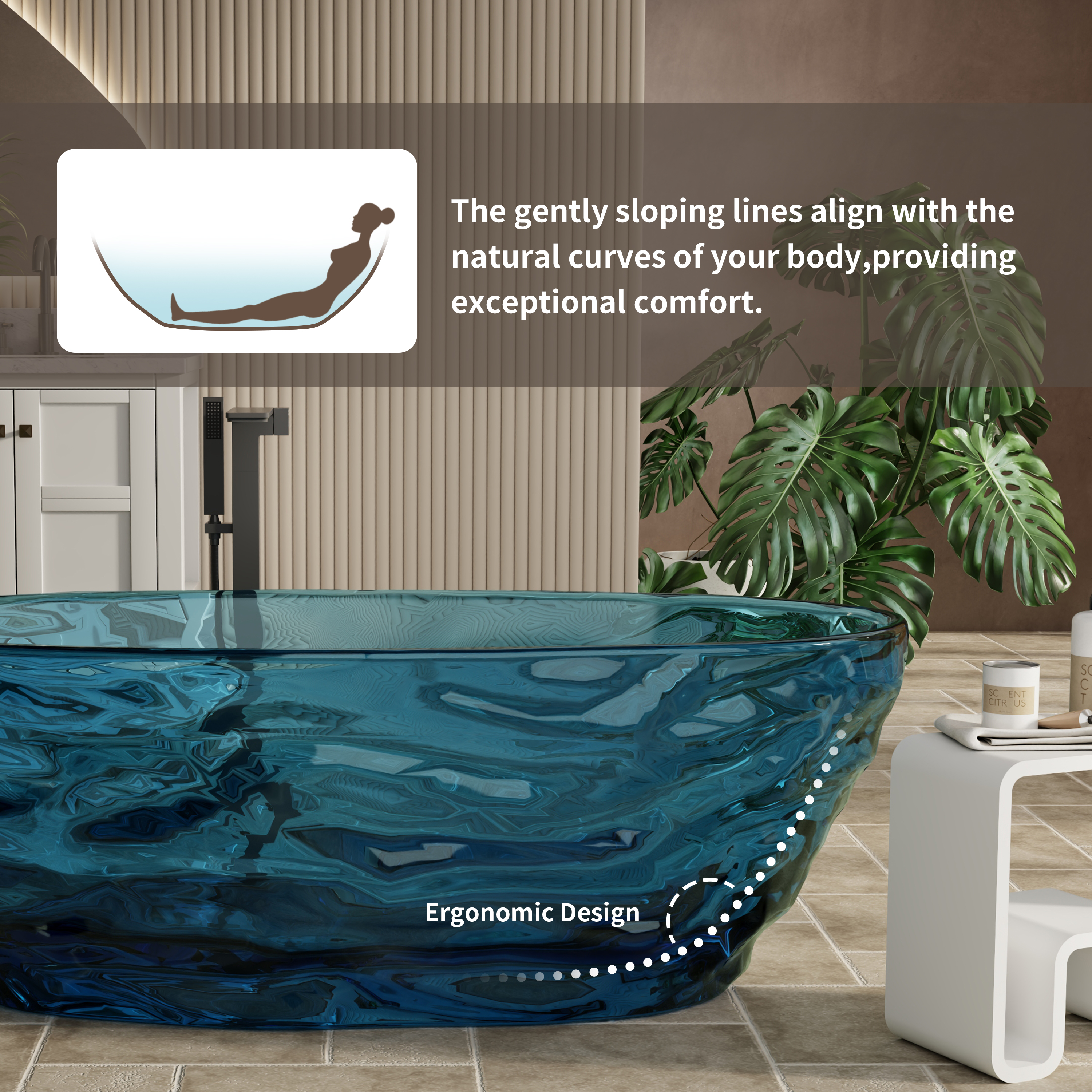 67" Contemporary Pure Resin Freestanding Soaking Bathtub with Wave Texture