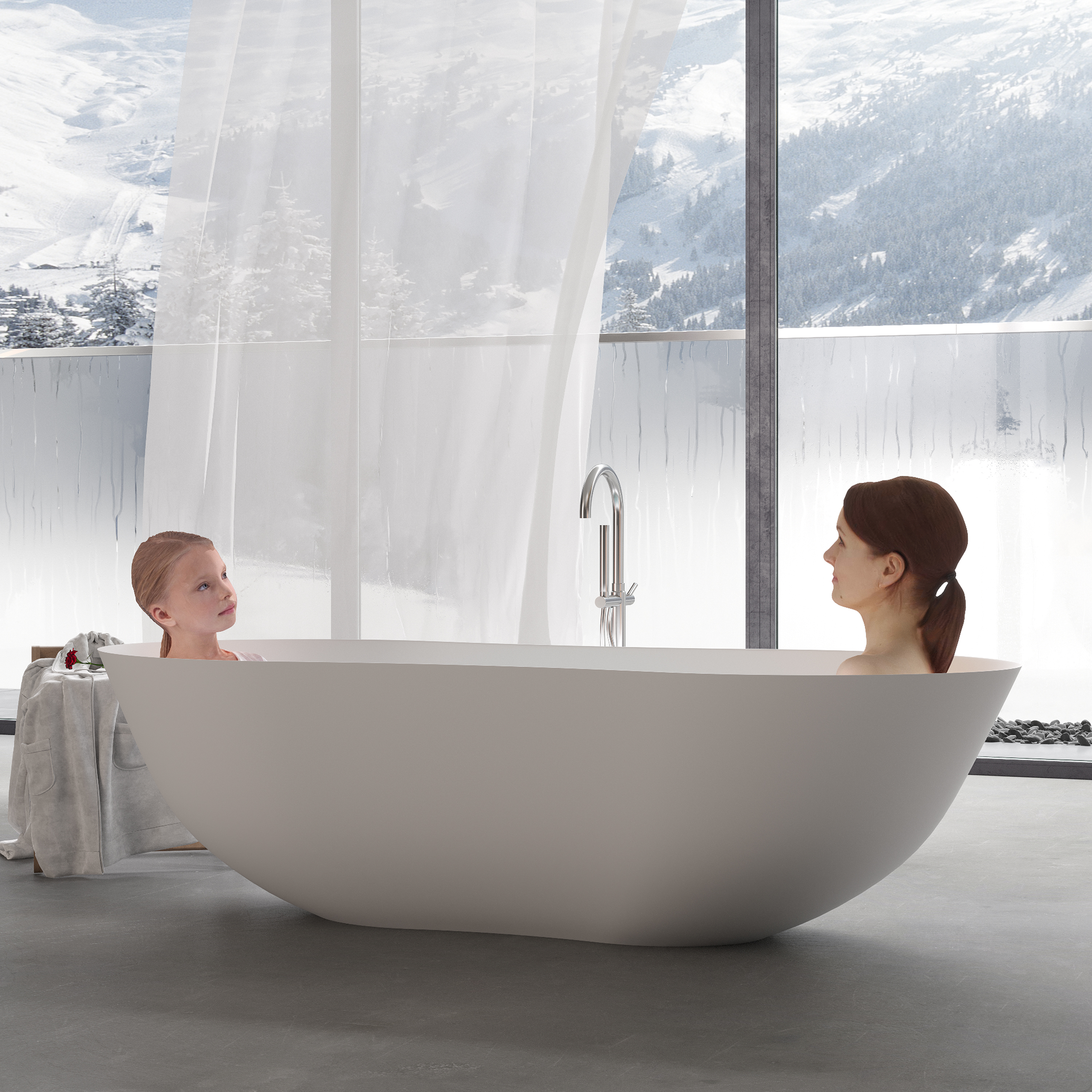 67" Peanut-Shaped Freestanding Solid Surface Bathtub for Two with Overflow & Pop-Up Drain