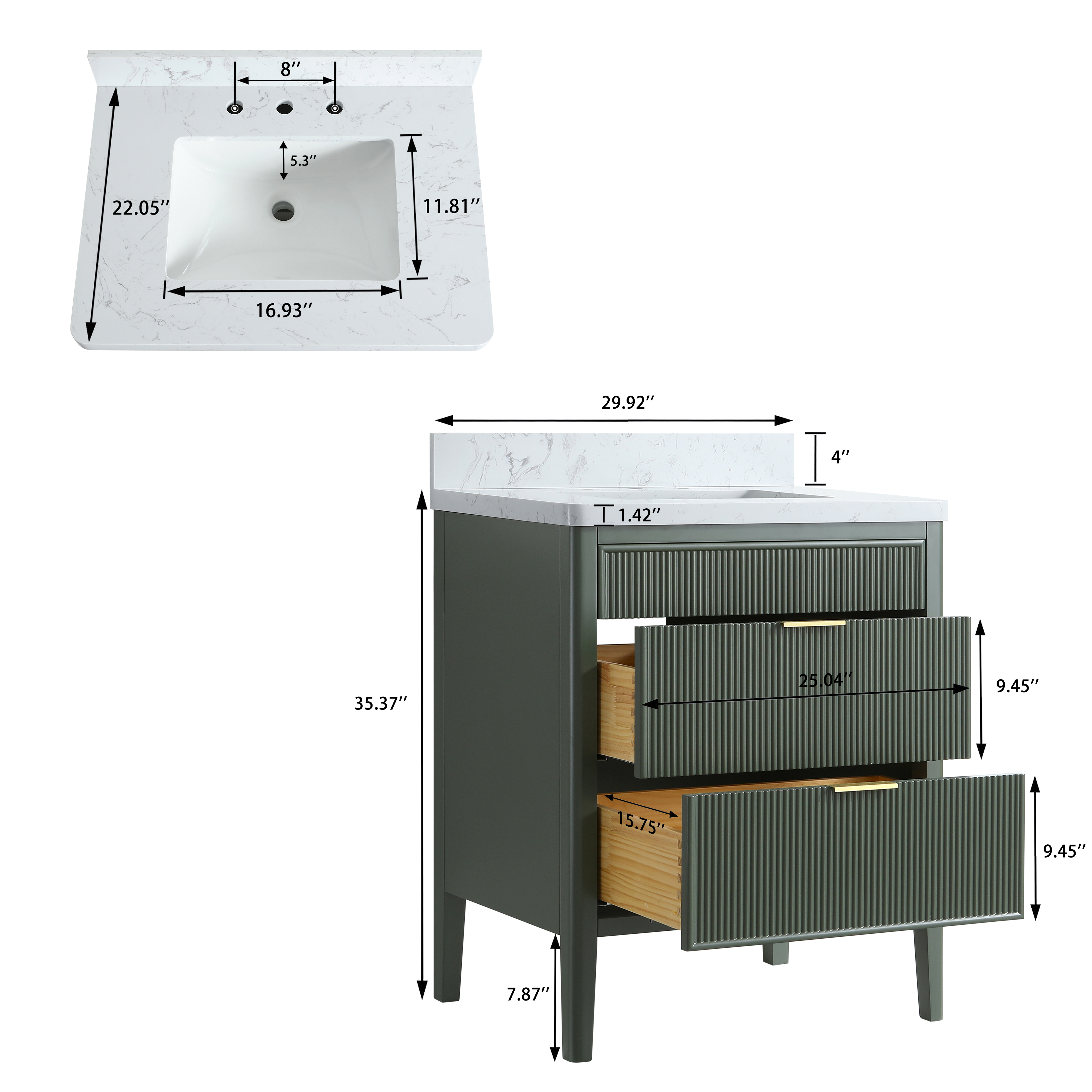 30"/36"/48" Freestanding Single Sink Bathroom Vanity with Solid Wood Construction & Marble Top