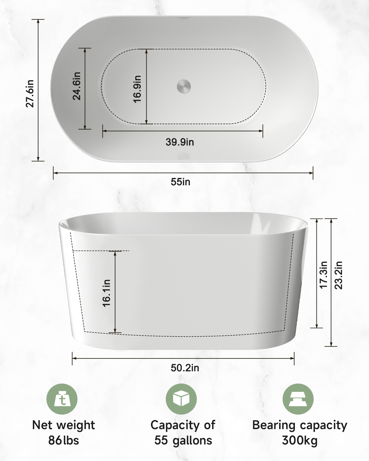 55" Acrylic Small  Freestanding Soaking Bathtub with cUPC Certified in Glossy White