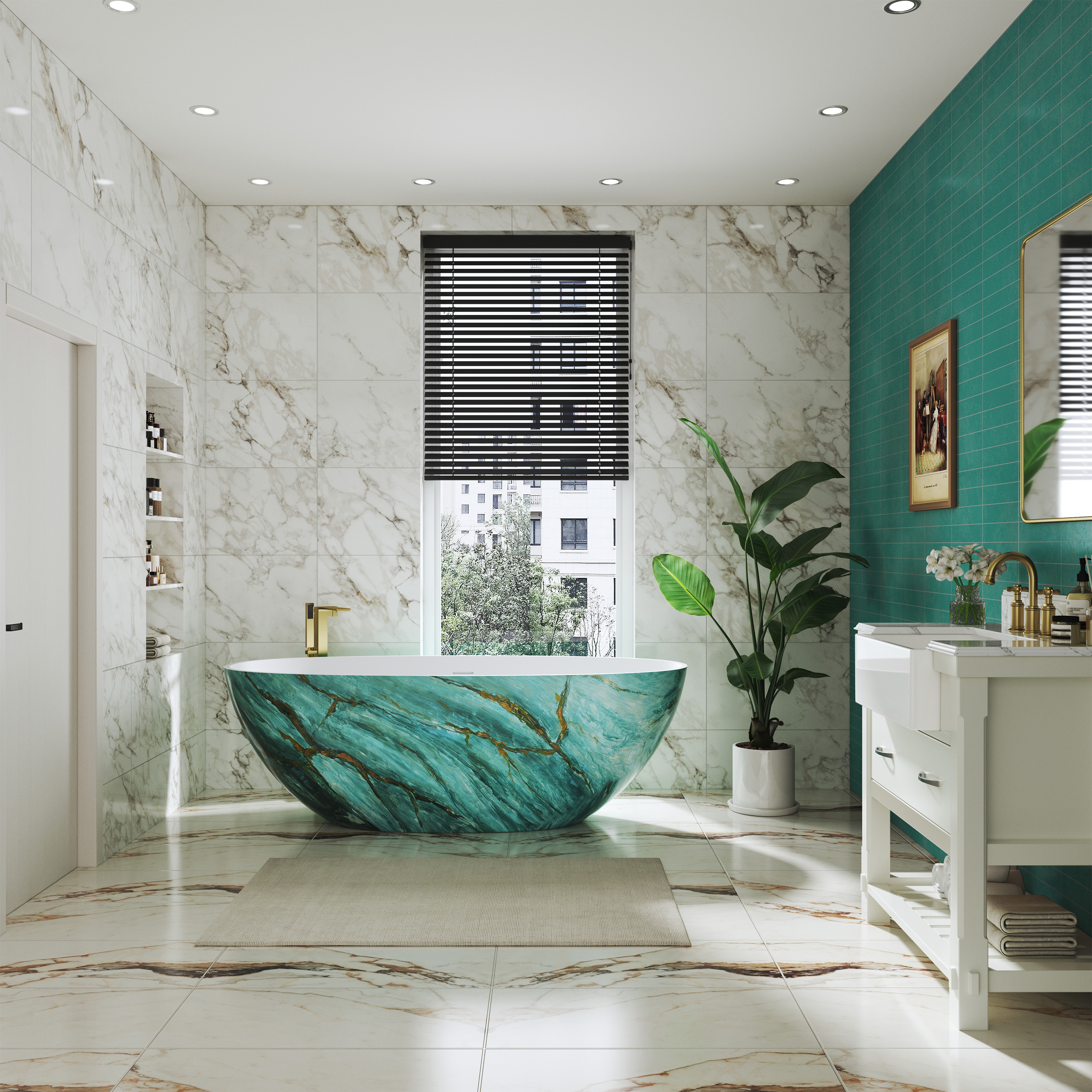65" Freestanding Oval Solid Surface Soaking Bathtub in Emerald-Green with Center Drain & Overflow