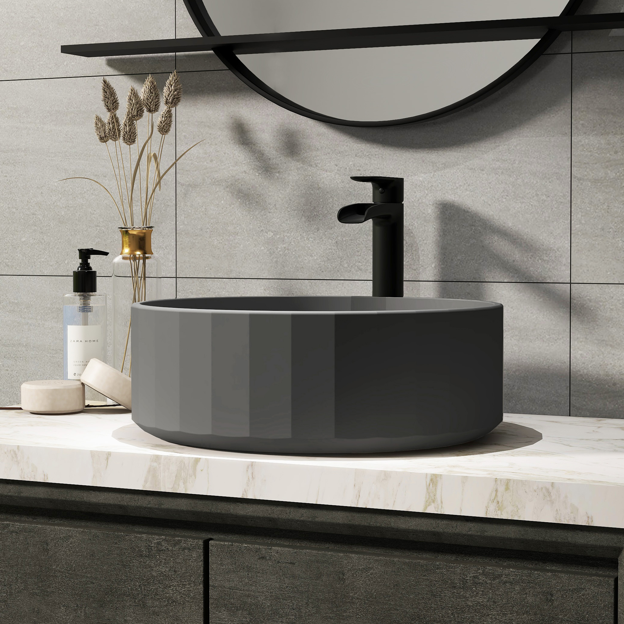 17in Bathroom Concrete Round Vessel Sink with Drainer in Black Earth / Mottled Bluish Grey / Taupe Clay