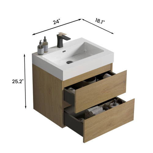 24"/30"/36" Natural Oak Wall Mounted Floating Bathroom Vanity with Sink