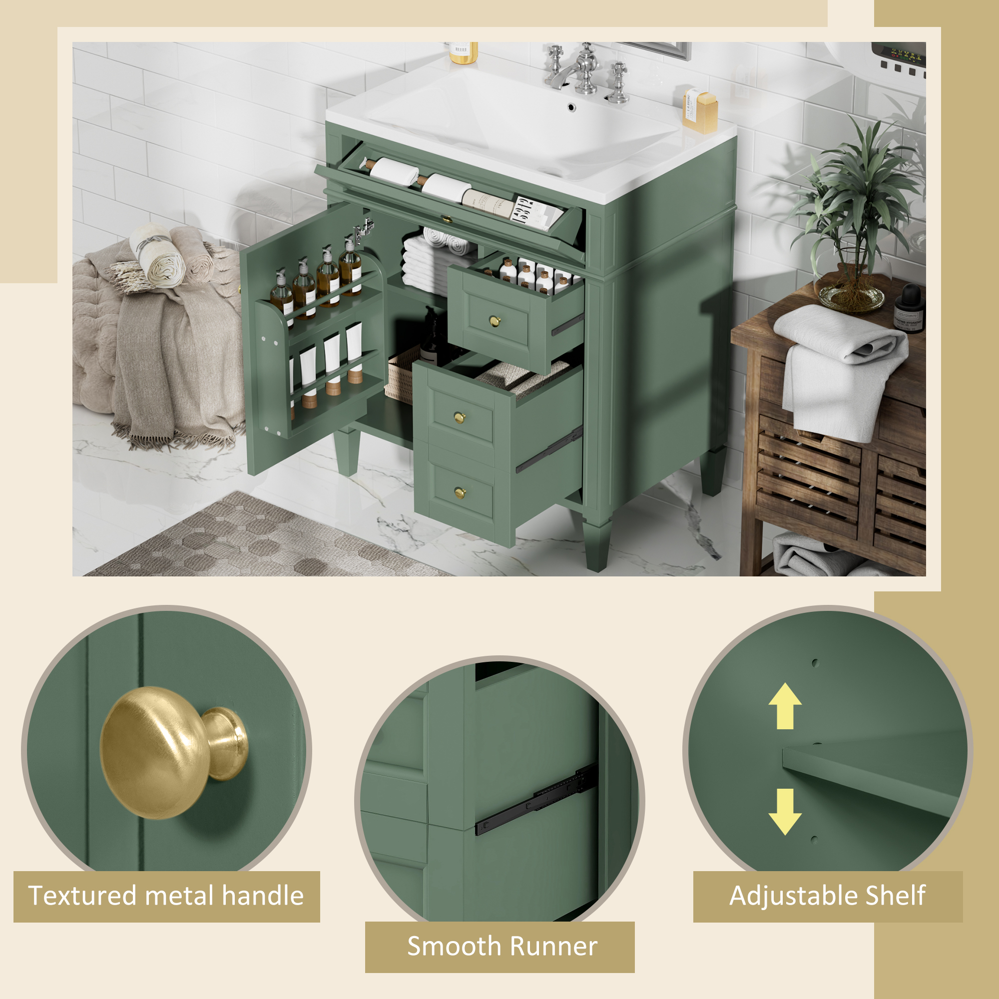 30" Freestanding Bathroom Vanity in Green with 2 Drawers and a Tip-out Drawer