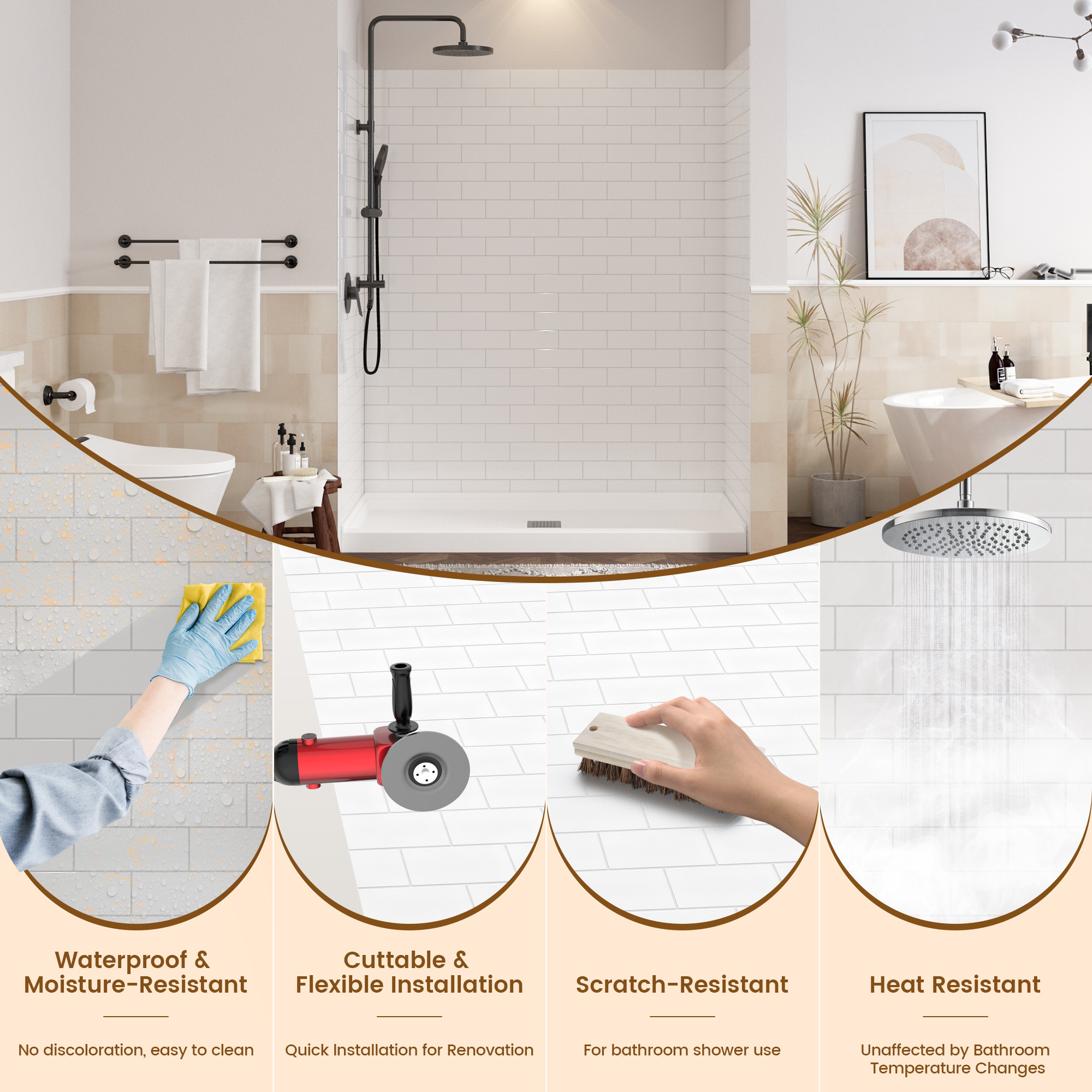 White Solid Surface 3-Piece Glue Up Alcove Shower Wall Surround