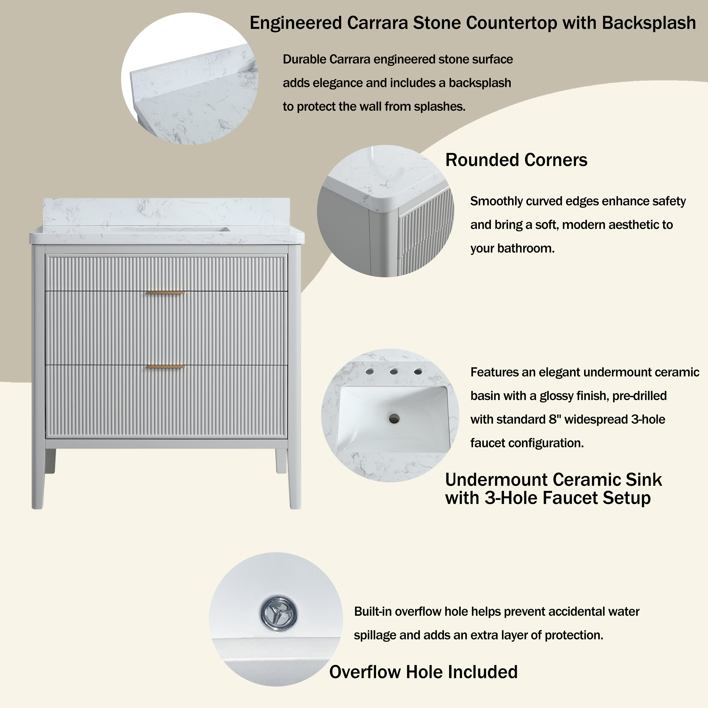 30"/36"/48" Freestanding Single Sink Bathroom Vanity with Solid Wood Construction & Marble Top