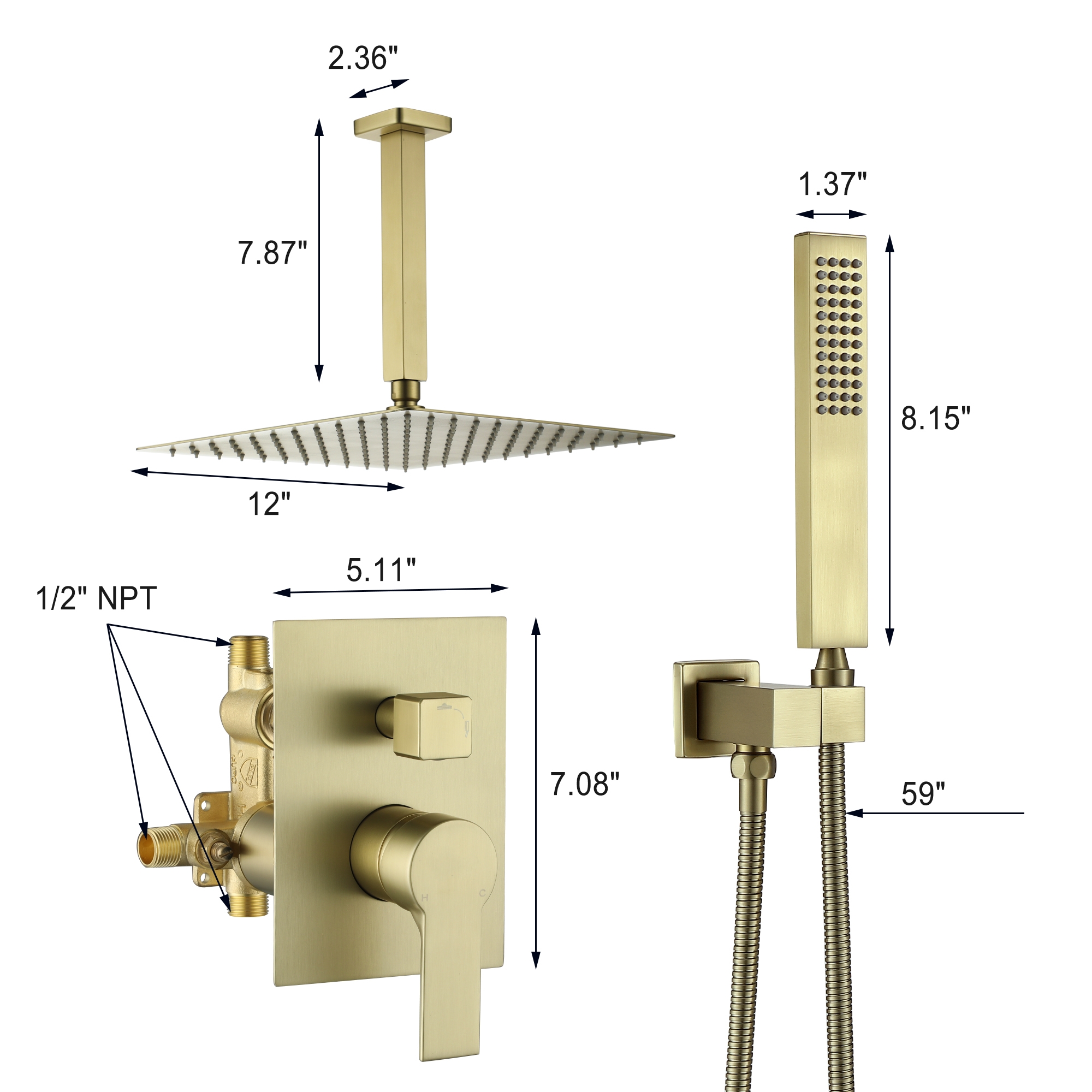 10-inch/12inch Rainfall Shower System With Hand Shower & Pressure-Balanced Valve
