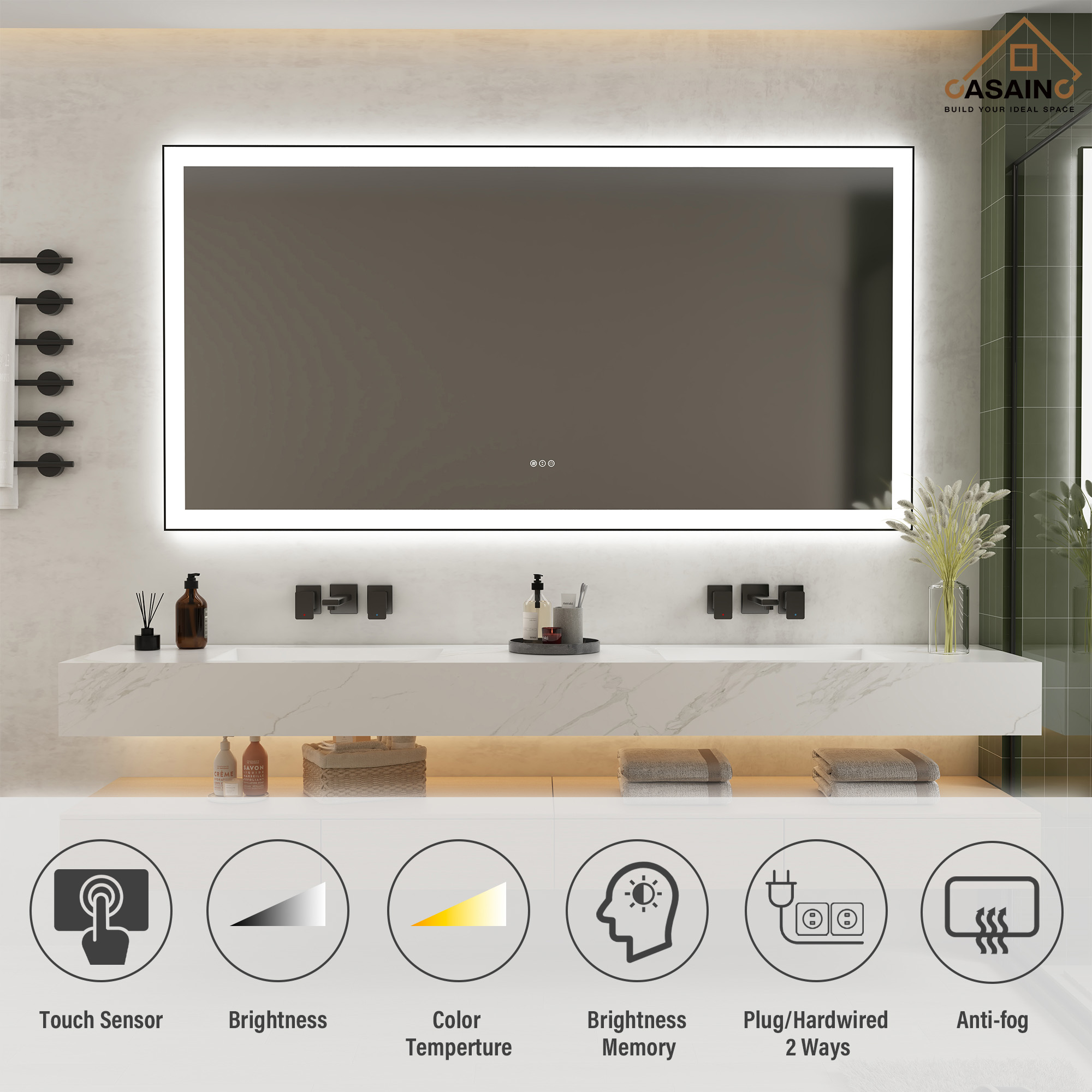Tempered Glass LED Mirror with Aluminum Frame for Bathroom Vanity