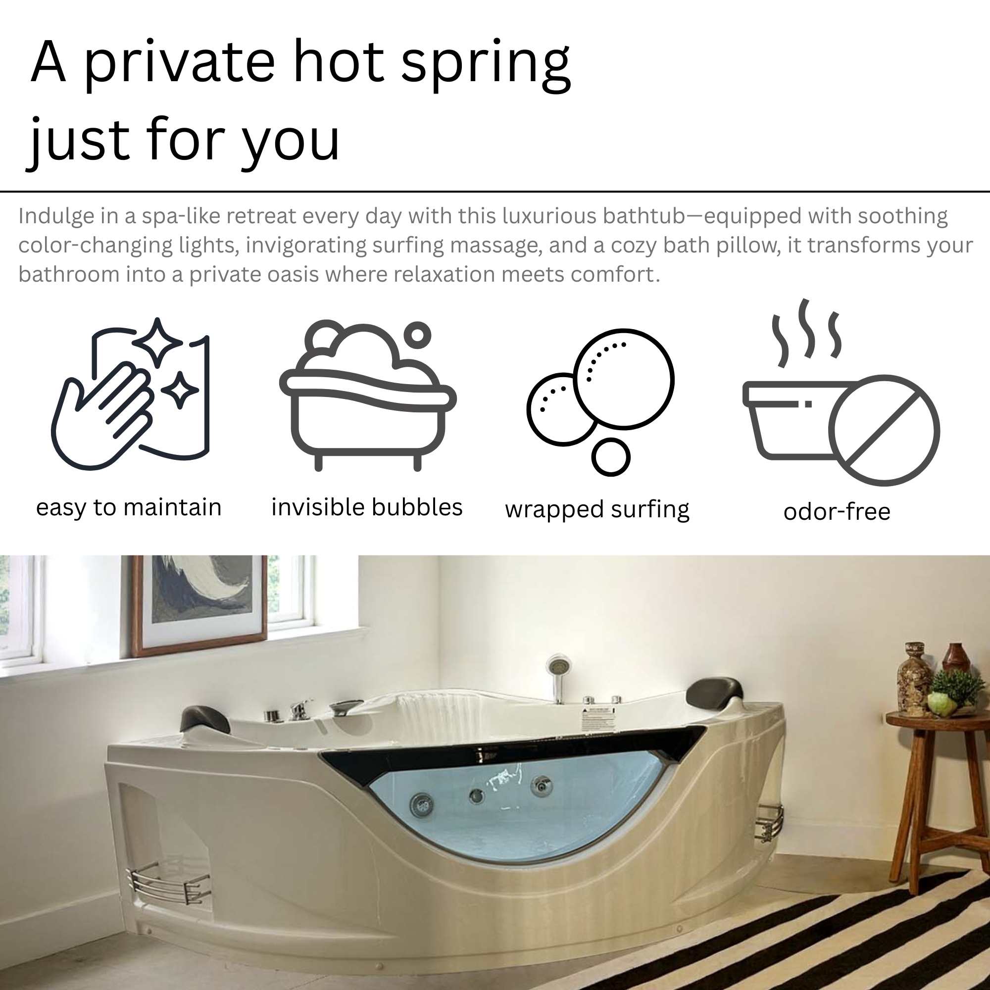 59" Corner Whirlpool Massage Bathtub for 2 Persons with Hydrotherapy Jets & LED Mood Lighting