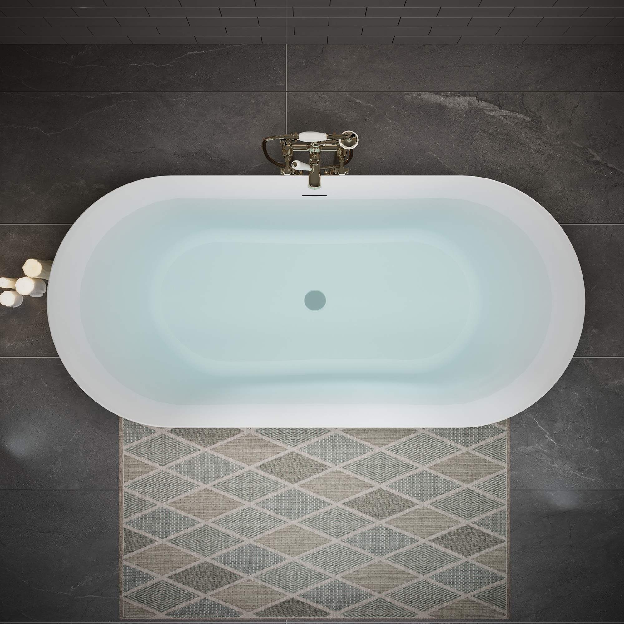 59" Glossy White Acrylic Freestanding Oval Soaking Bathtub with Center Pop-Up Drain and Integrated Overflow