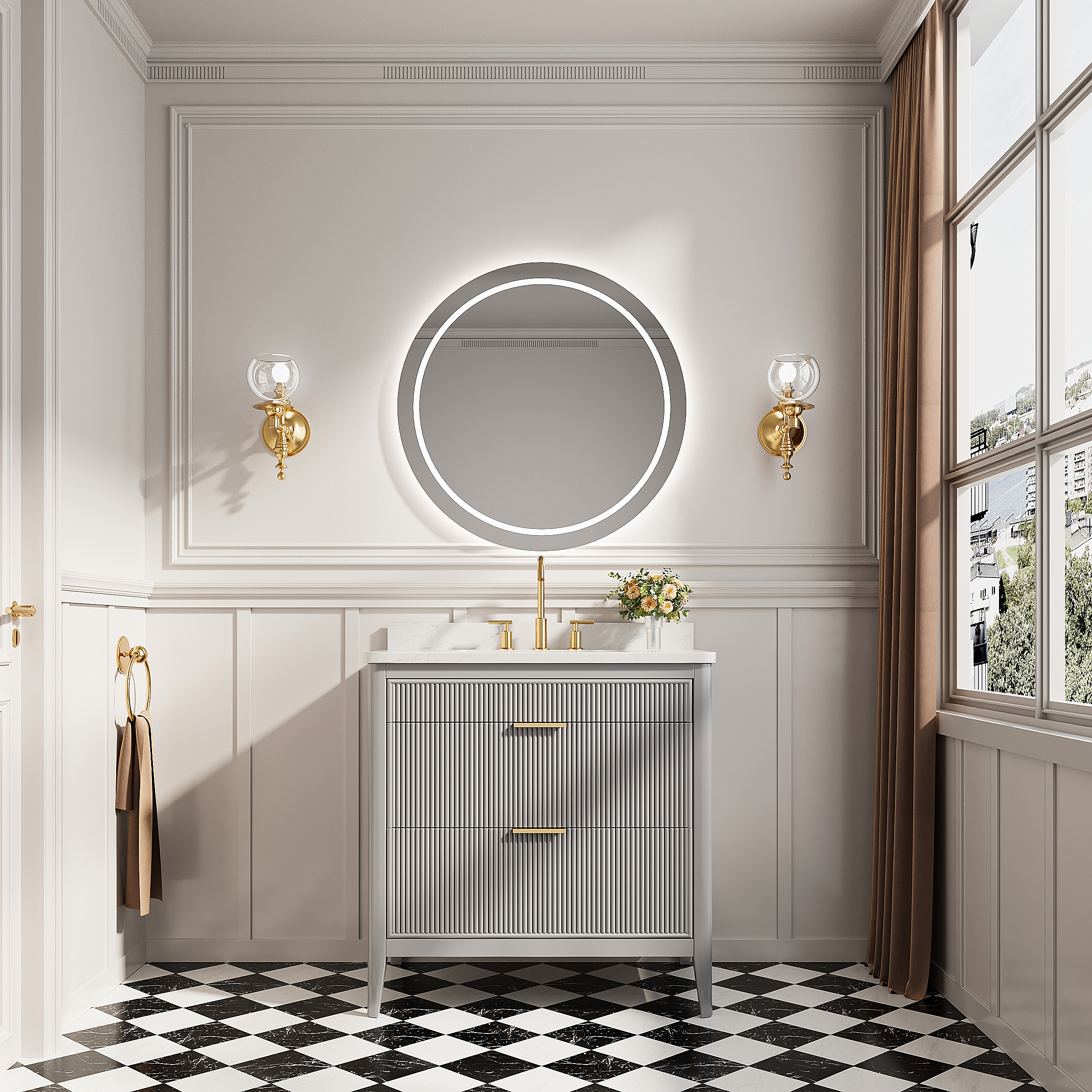 30"/36"/48" Freestanding Single Sink Bathroom Vanity with Solid Wood Construction & Marble Top