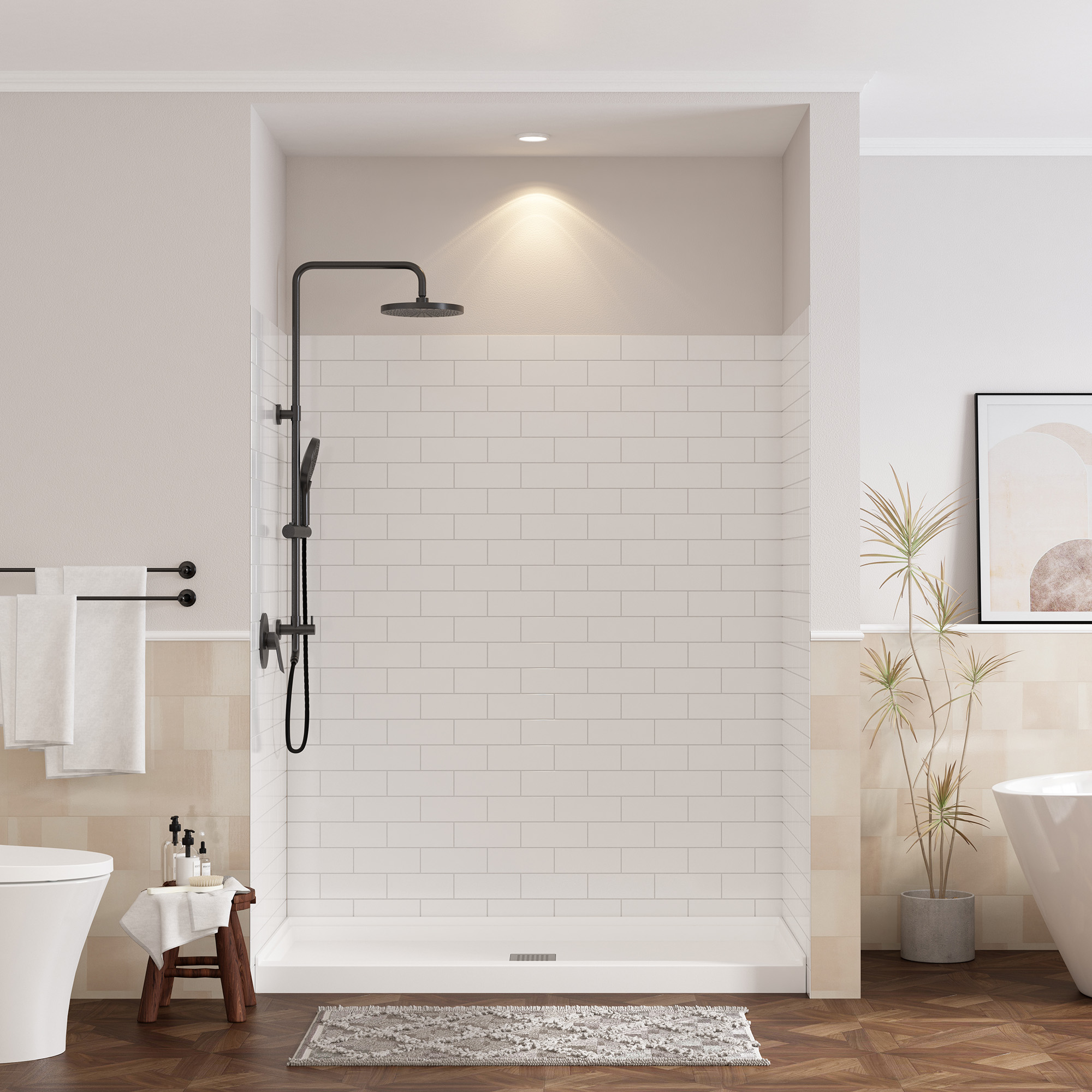 White Solid Surface 3-Piece Glue Up Alcove Shower Wall Surround