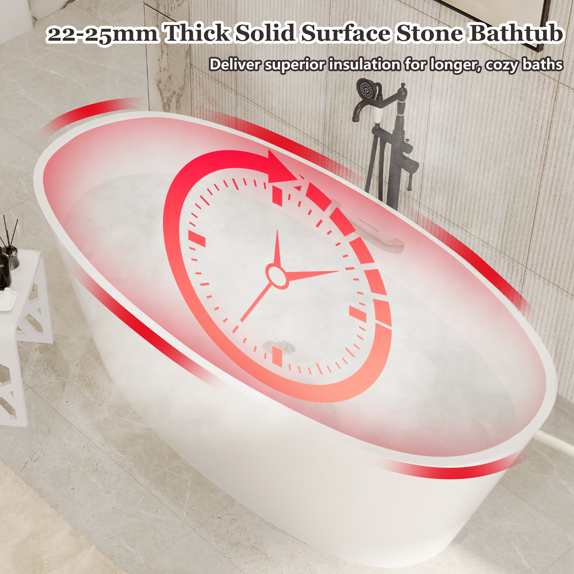 63" Matte White Solid Surface Freestanding Soaking Bathtub with One-Side Armrest