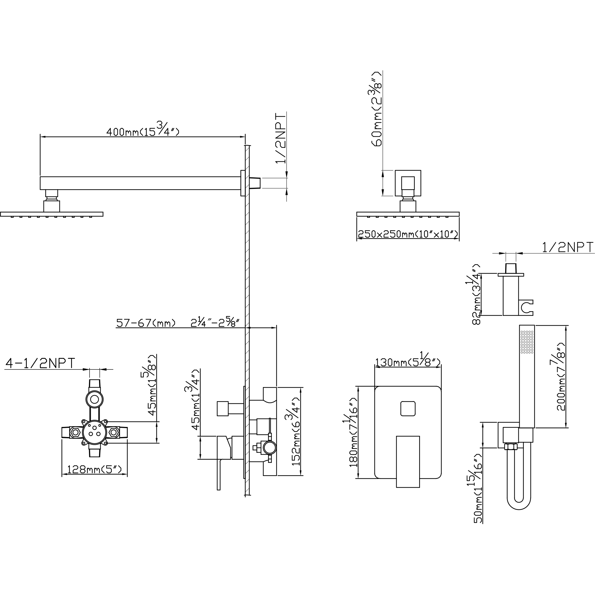 10-inch Wall Mounted Square Rainfall Shower System with Rough-in Valve