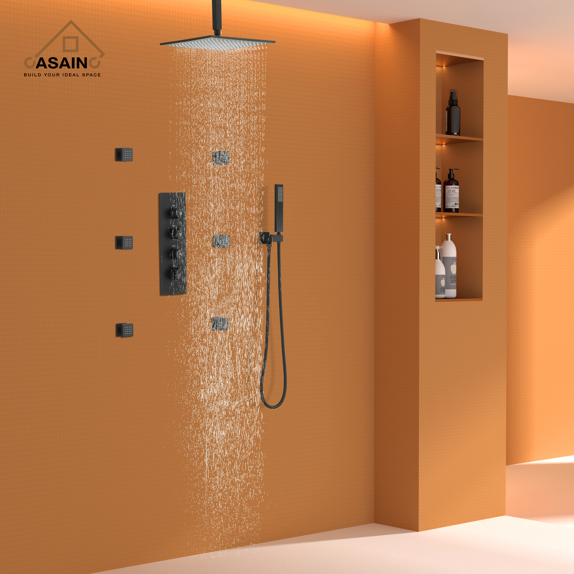 12" Ceiling-Mounted Rainfall Shower System with Handheld & Body Jets