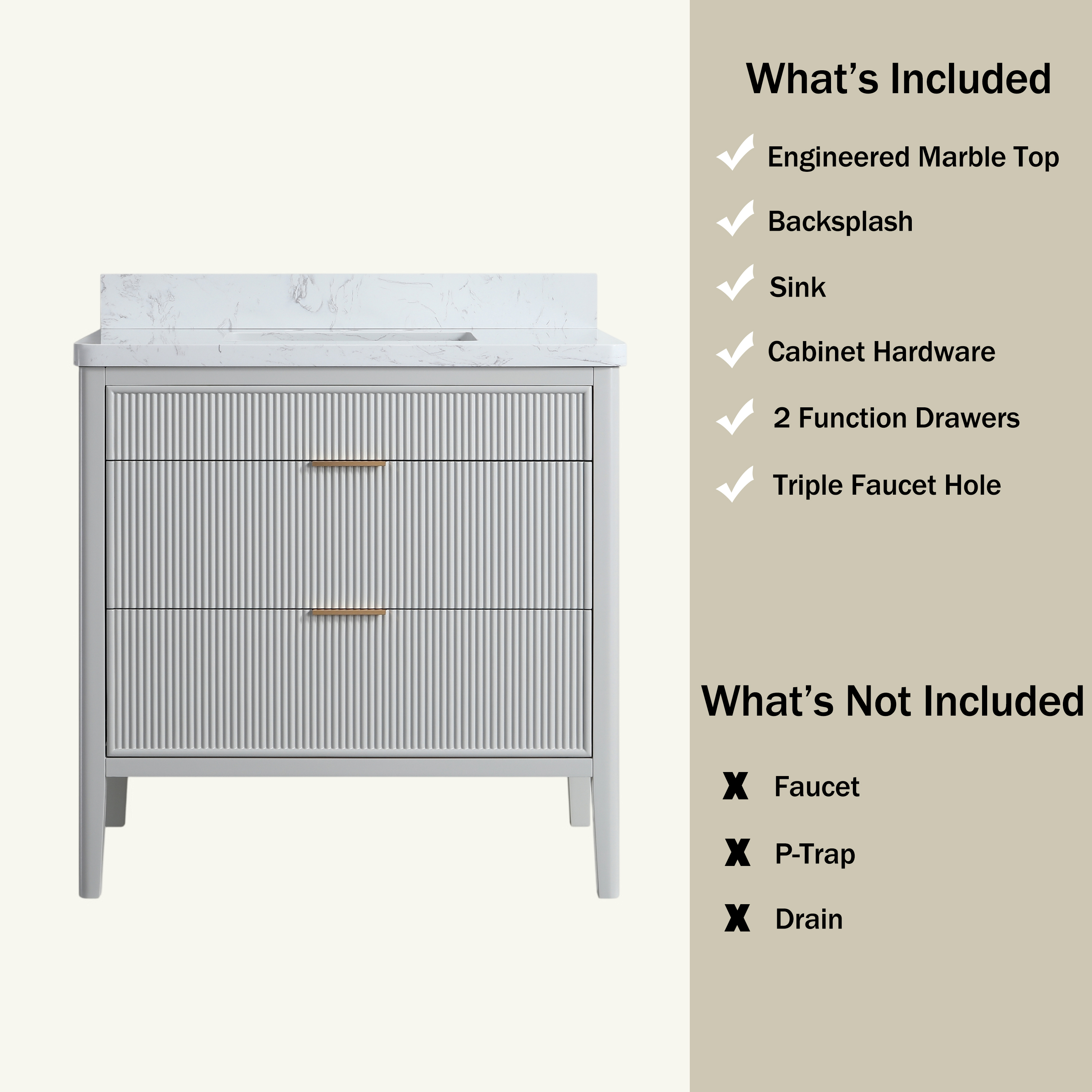 30"/36"/48" Freestanding Single Sink Bathroom Vanity with Solid Wood Construction & Marble Top