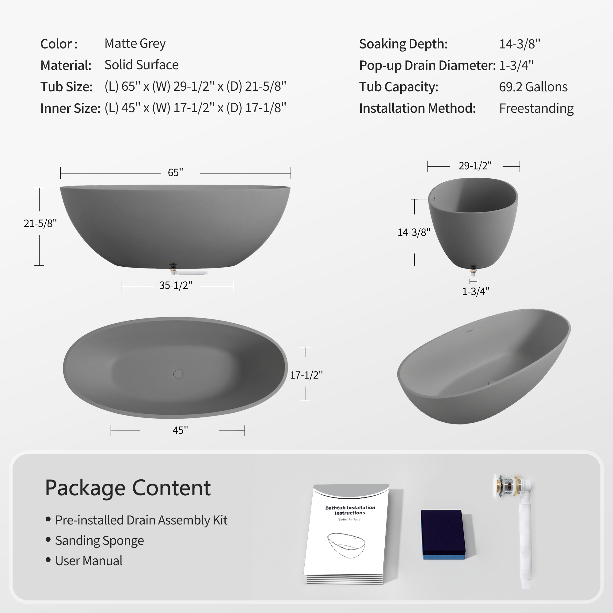 65" Freestanding Solid Surface Bathtub with Overflow, Pop-up Drain andSanding Sponge