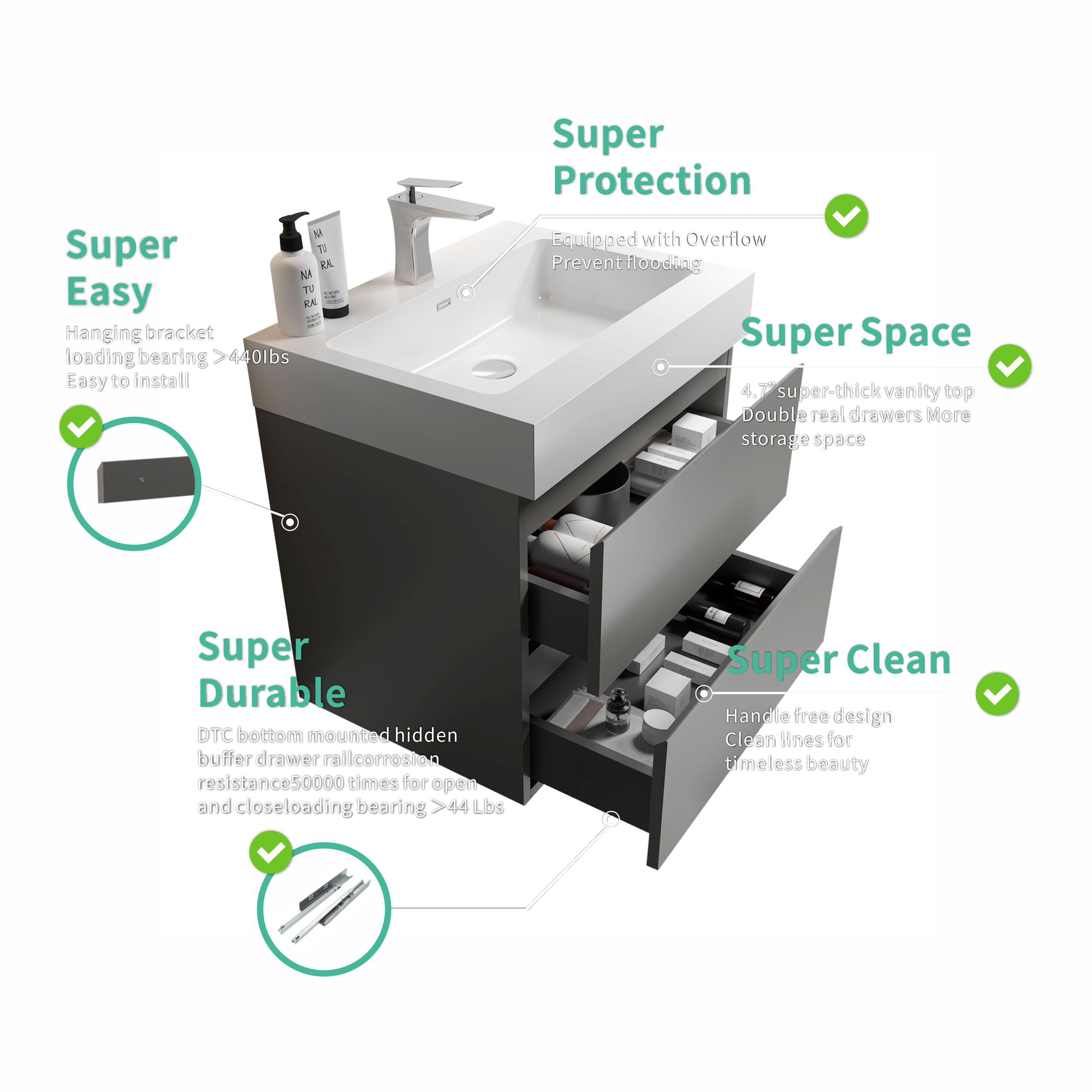 24"/30"/36" Wall-Mounted Gray Bathroom Vanity with White One-Piece Sink Basin