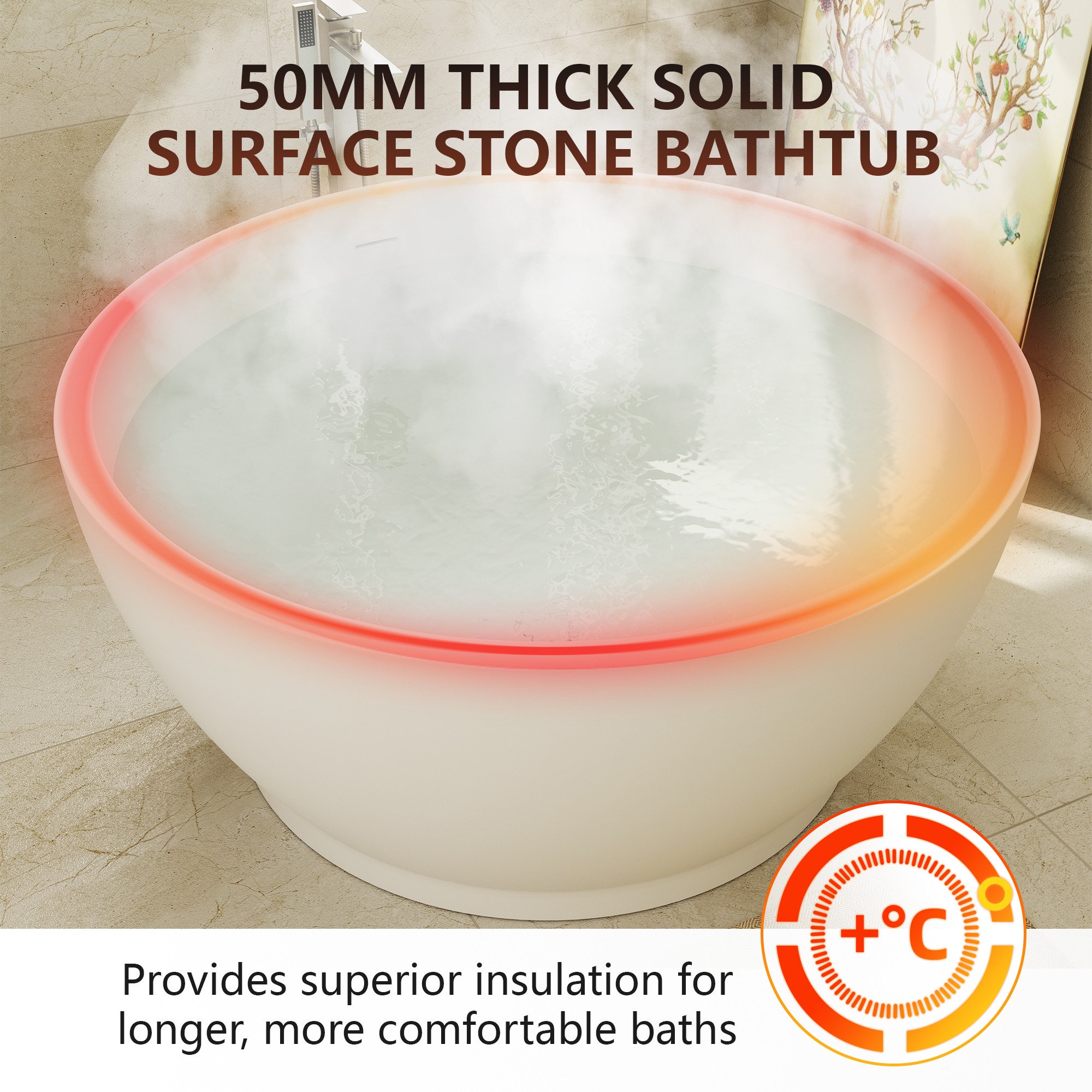 53" Freestanding Solid Surface Soaking Bathtub with 4" Wide Rim