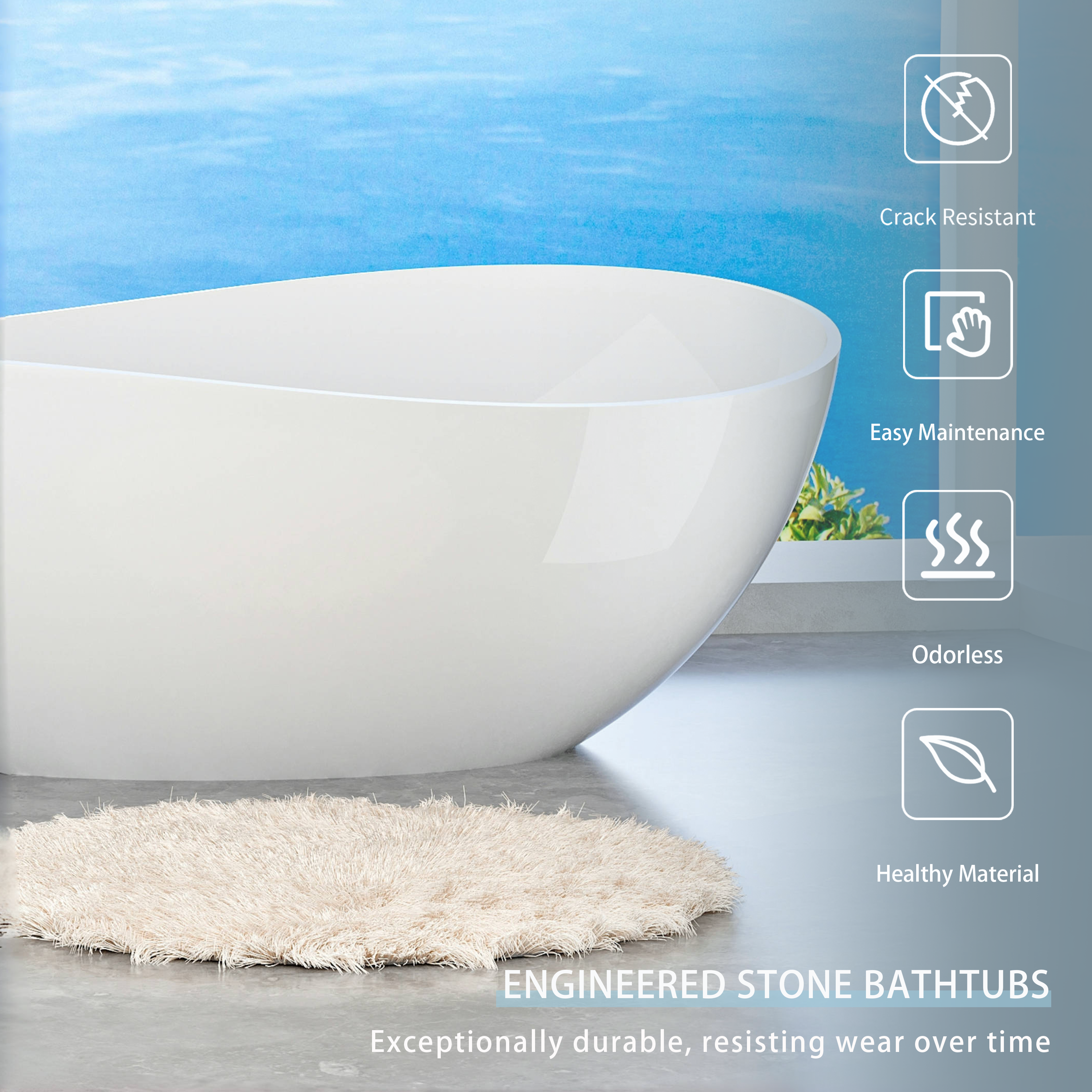 63" Unique Shaped Solid Surface Freestanding Bathtub with Warm-Touch Insulation