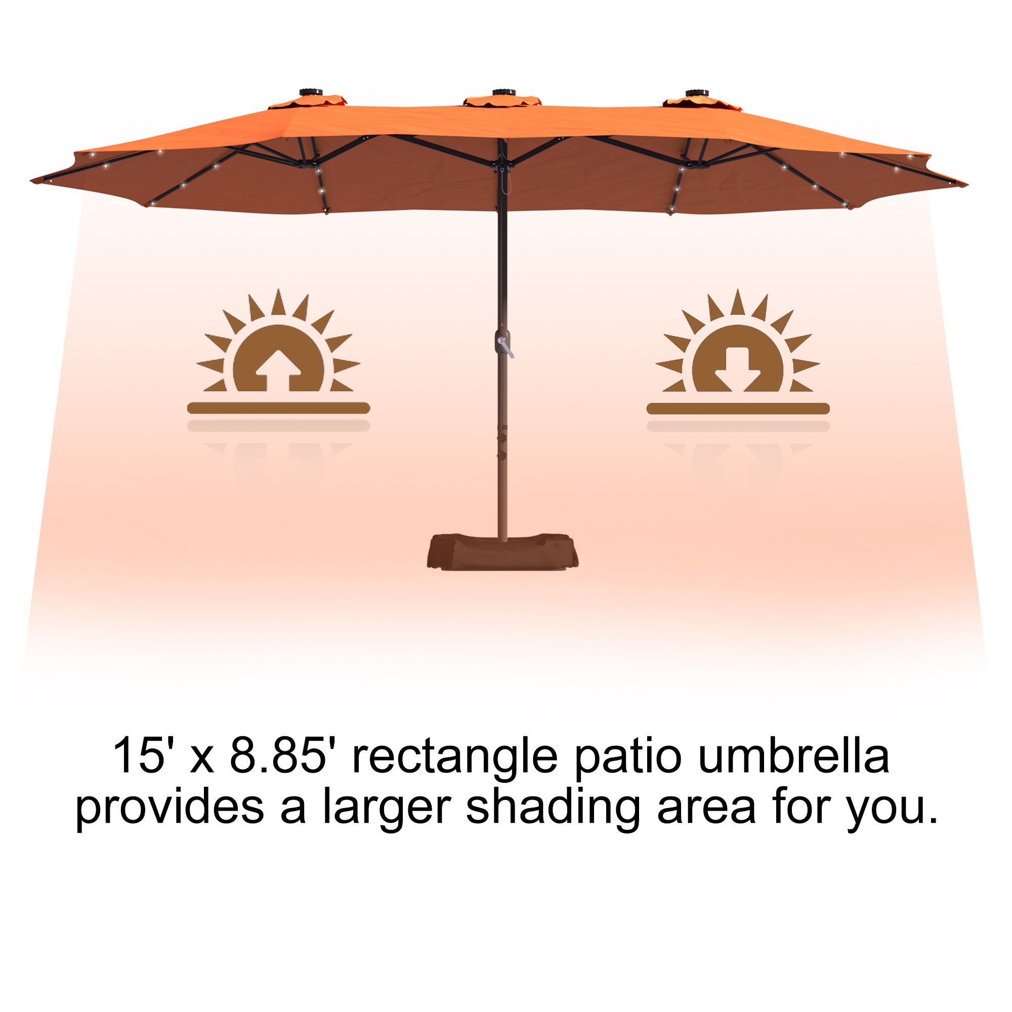 15ft Patio Steel Rectangular Double-Sided Market Umbrella With Base, Classic Design or Solar LED Lights Options,UV Sun Protection & Easy Crank for Deck Pool Patio.