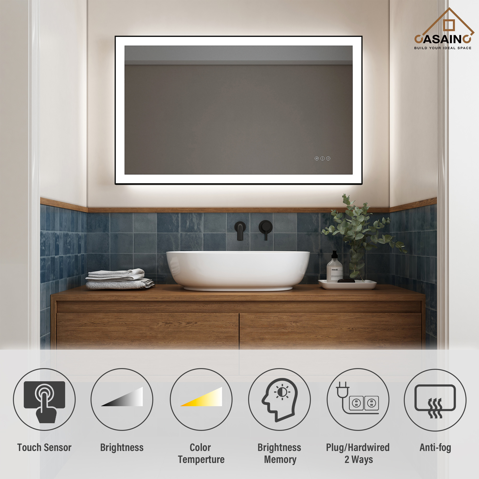 Tempered Glass LED Mirror with Aluminum Frame for Bathroom Vanity
