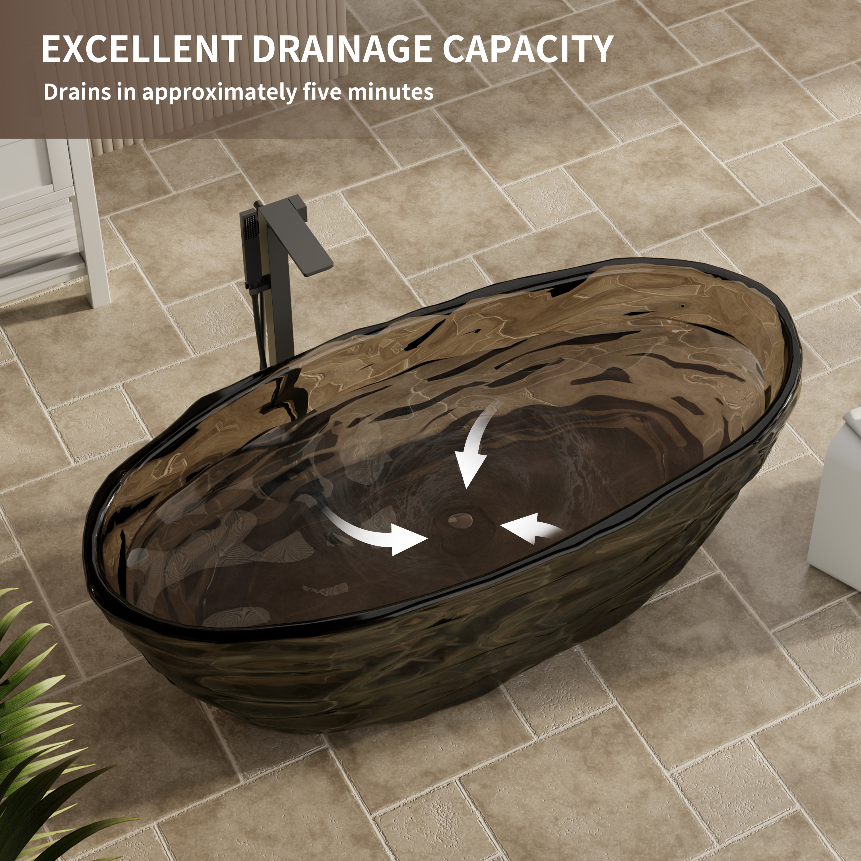 67" Contemporary Pure Resin Freestanding Soaking Bathtub with Wave Texture