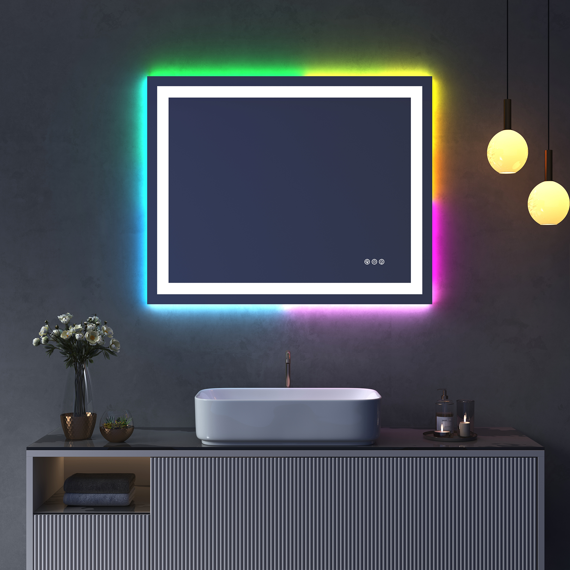Tempered RGB LED Bathroom Mirror with Smart Controls & Anti-Fog